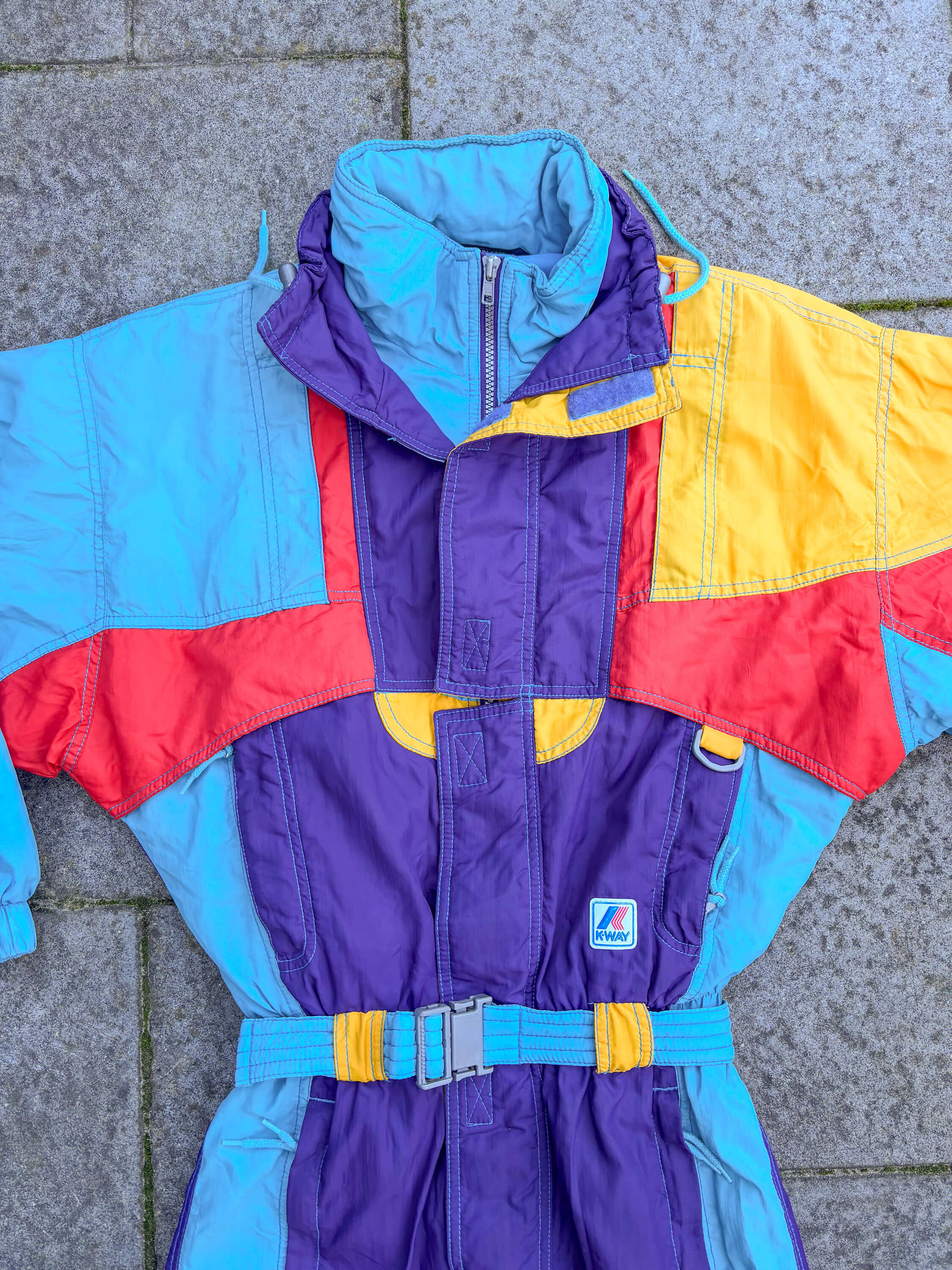 Vintage retro skipak - K-way paars, blauw, rood, geel maat XS/S