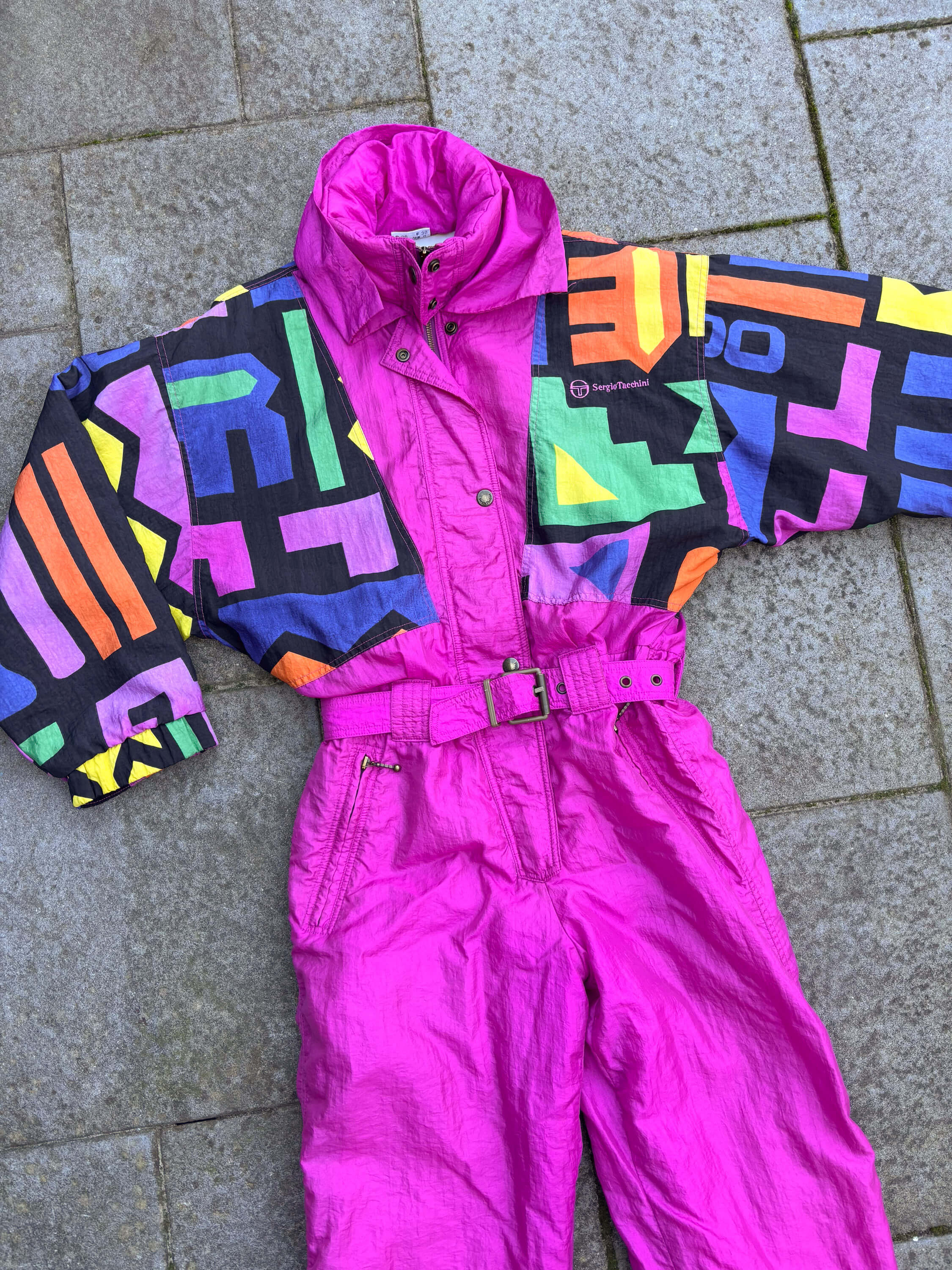 Vintage retro skipak - Roze fuchsia met kleurrijke print maat S