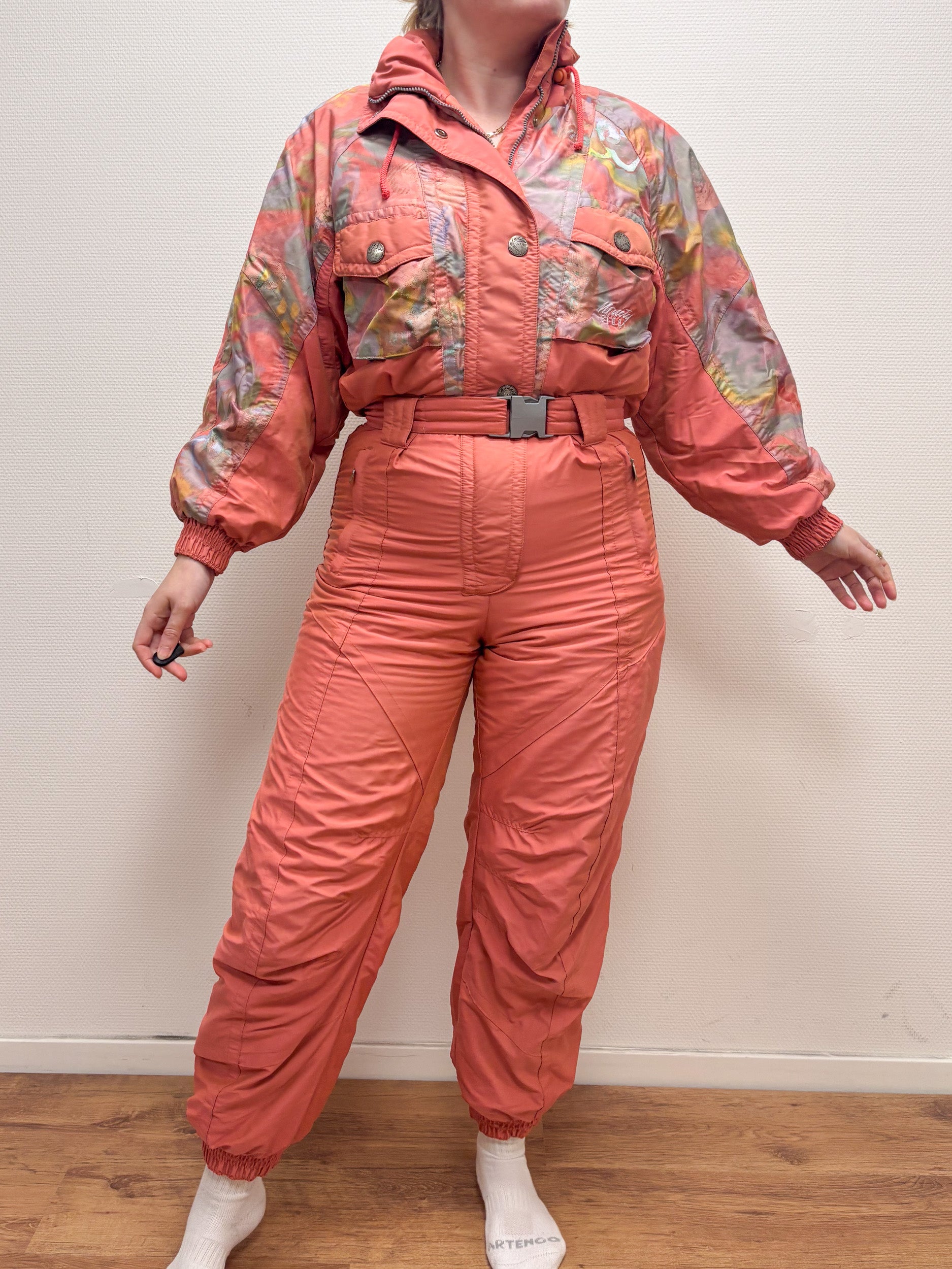 Vintage retro skipak - perzik roze met print maat S/M