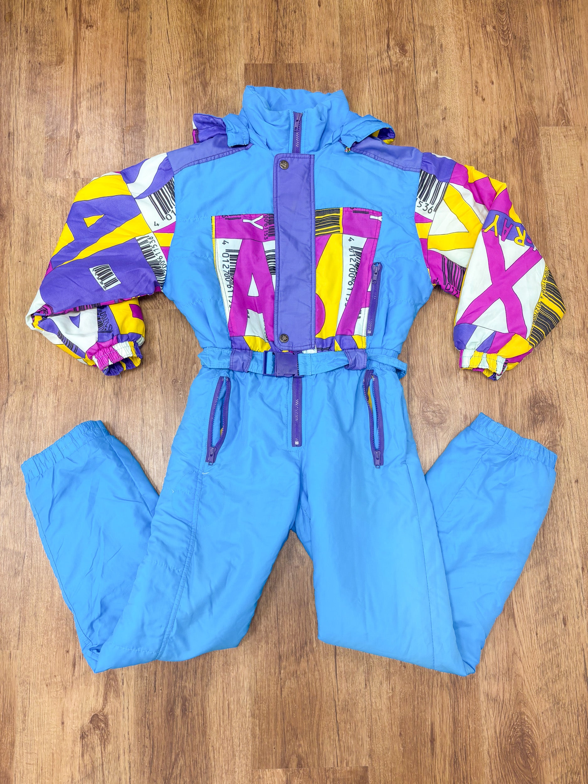 Vintage retro skipak - Blauw met roze, paars, geel print maat XS/S