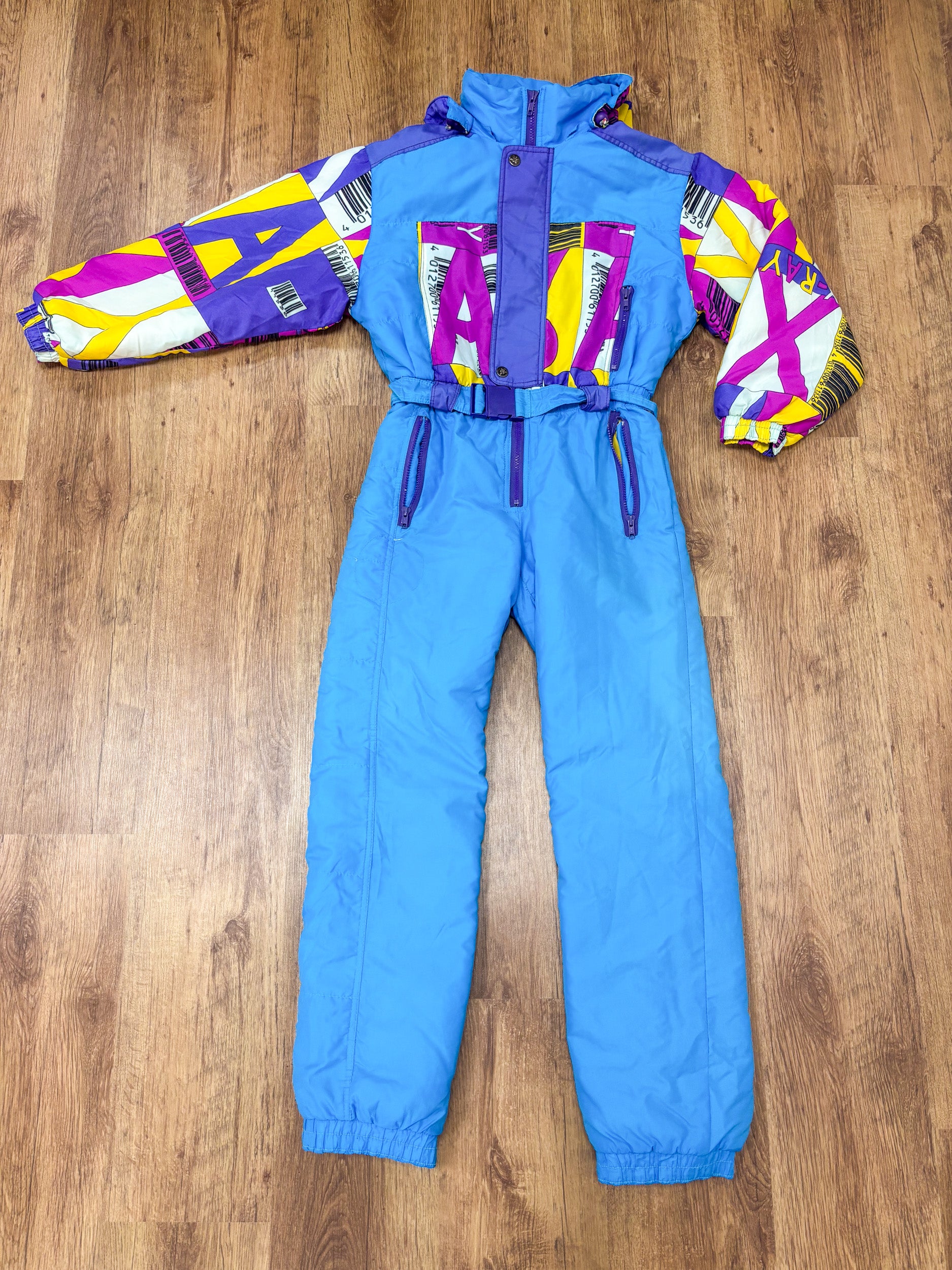 Vintage retro skipak - Blauw met roze, paars, geel print maat XS/S