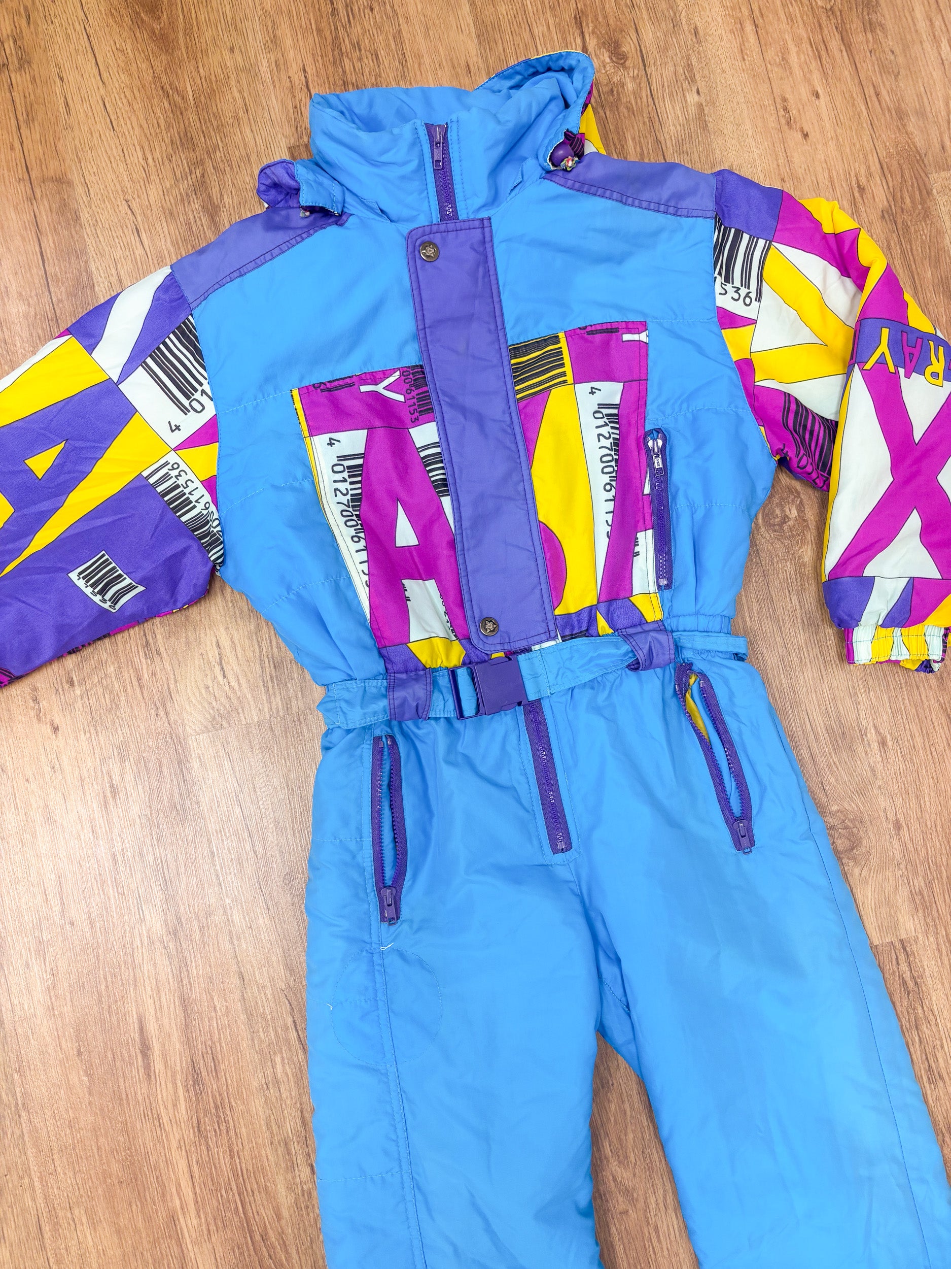 Vintage retro skipak - Blauw met roze, paars, geel print maat XS/S