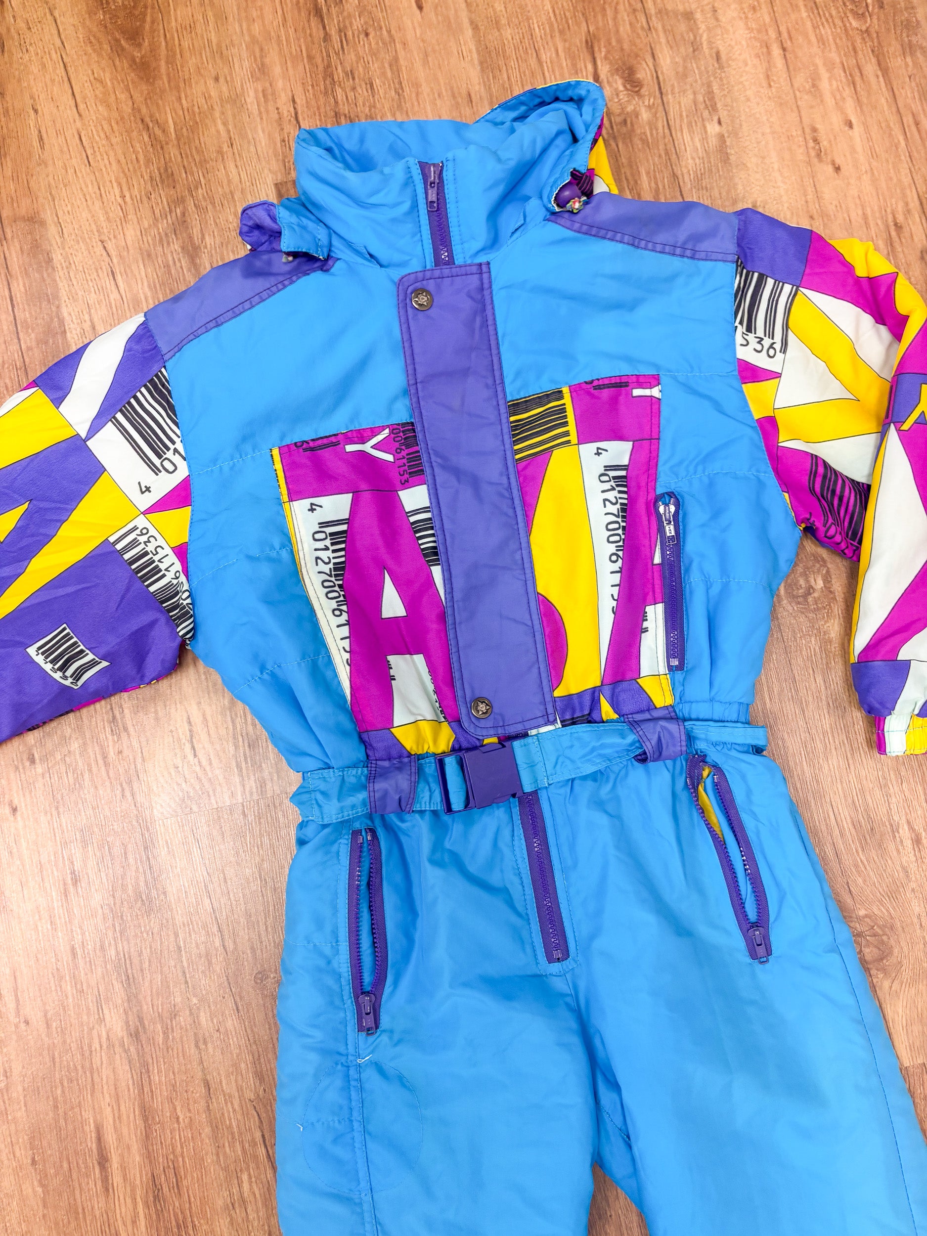 Vintage retro skipak - Blauw met roze, paars, geel print maat XS/S