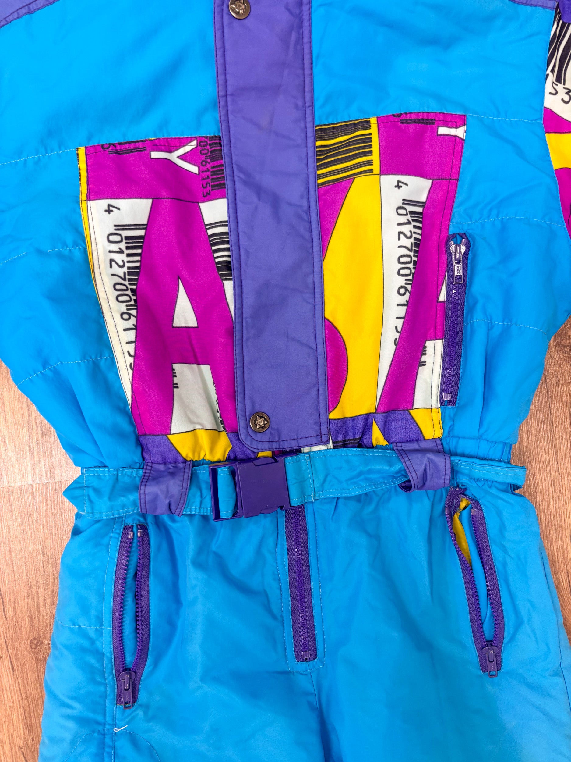 Vintage retro skipak - Blauw met roze, paars, geel print maat XS/S