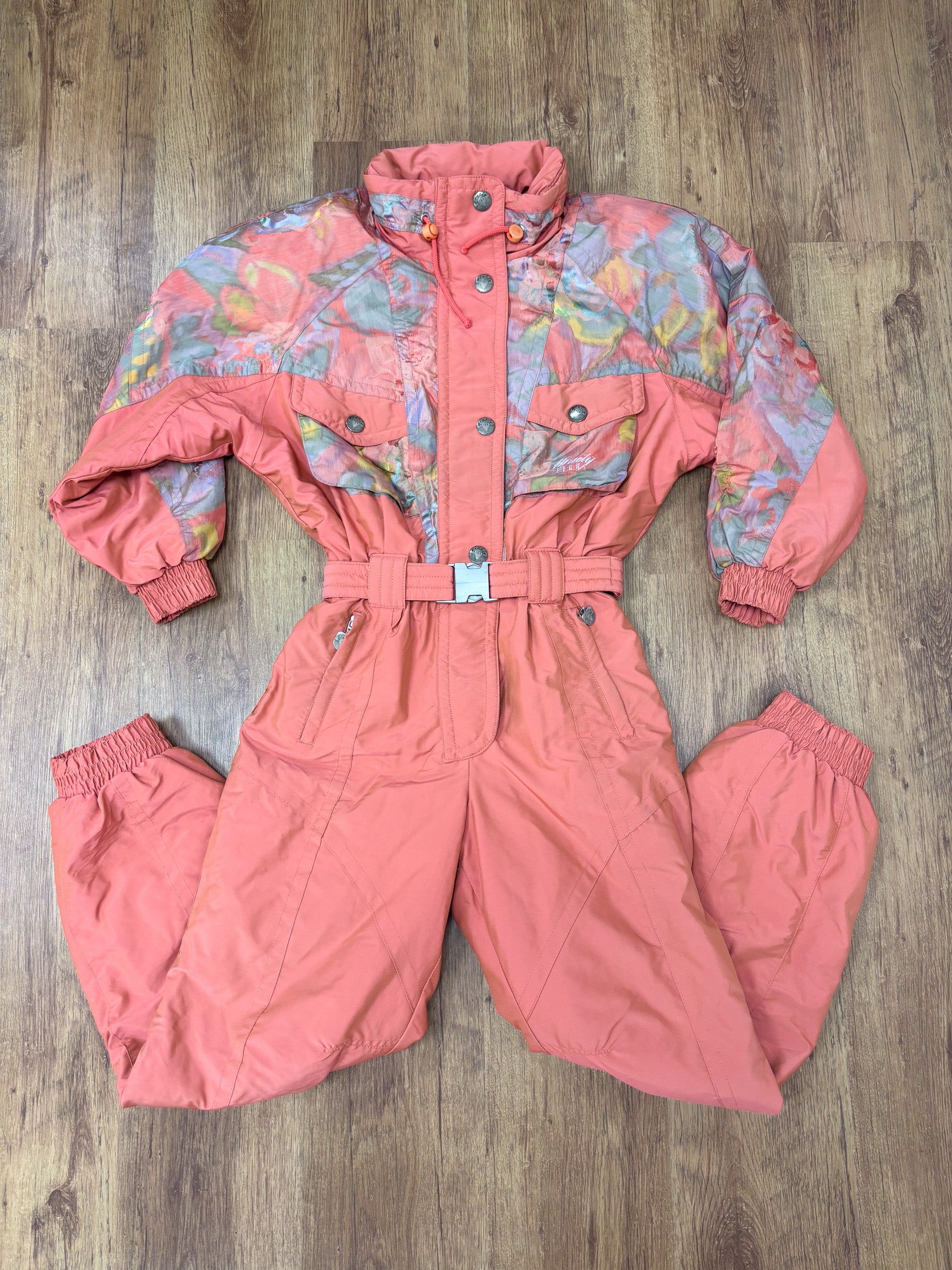 Vintage retro skipak - perzik roze met print maat S/M