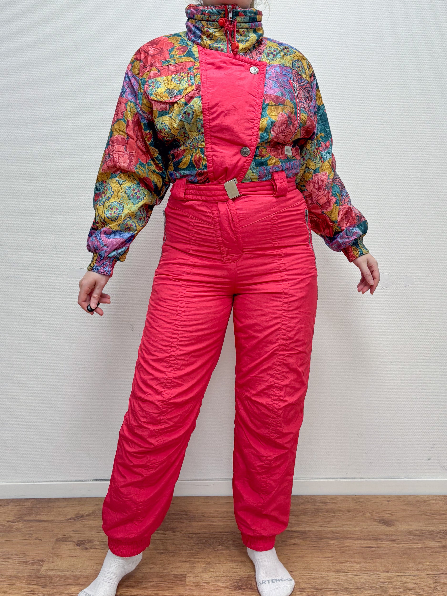 Vintage retro skipak - rood roze met bloemen print maat M