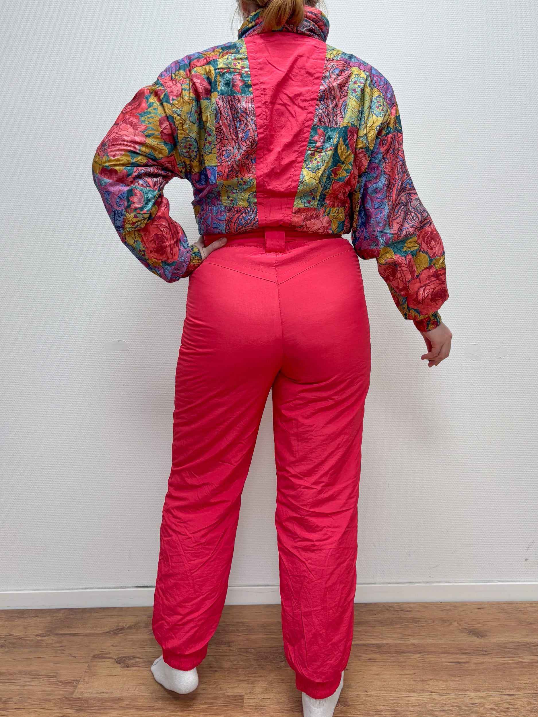 Vintage retro skipak - rood roze met bloemen print maat M