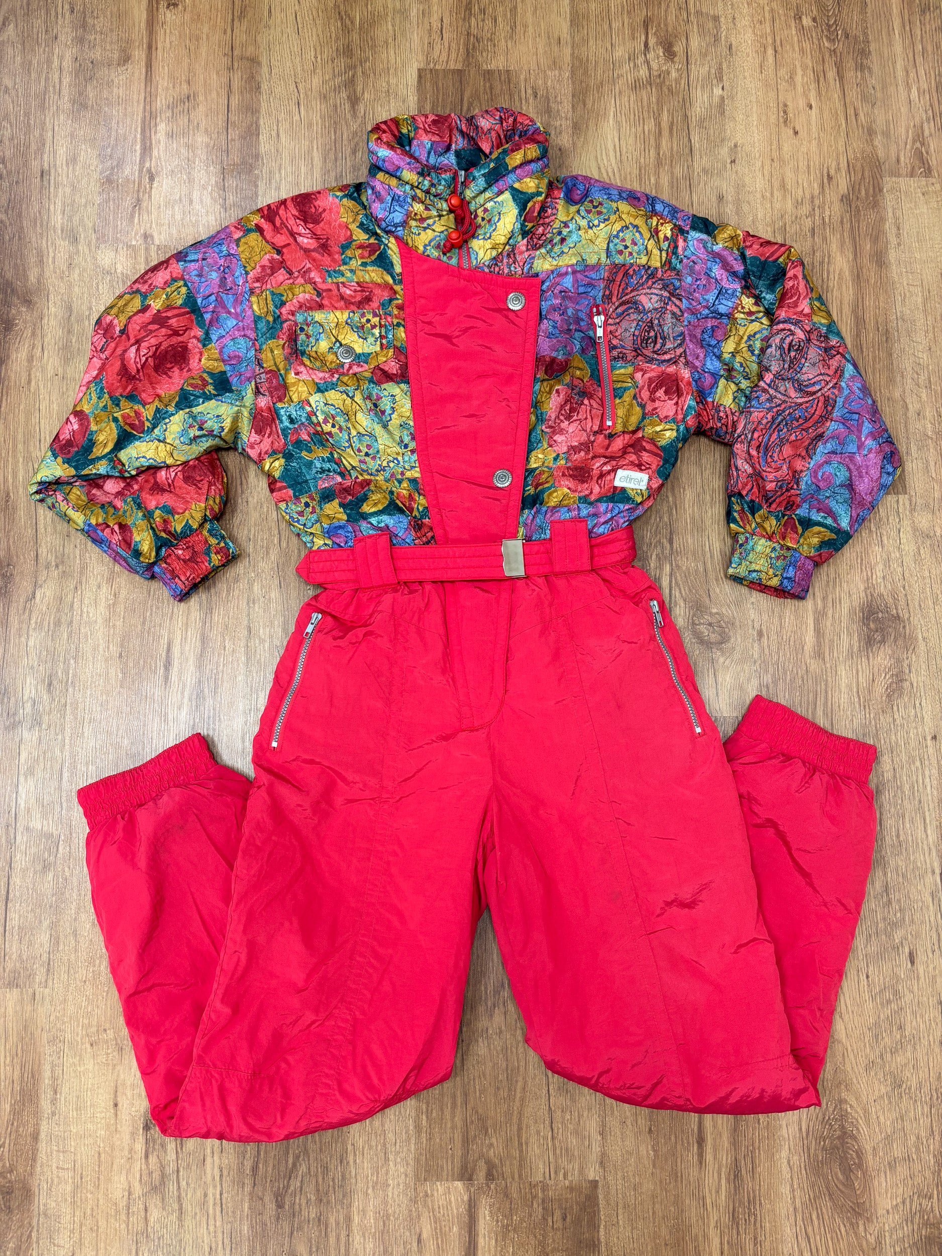 Vintage retro skipak - rood roze met bloemen print maat M