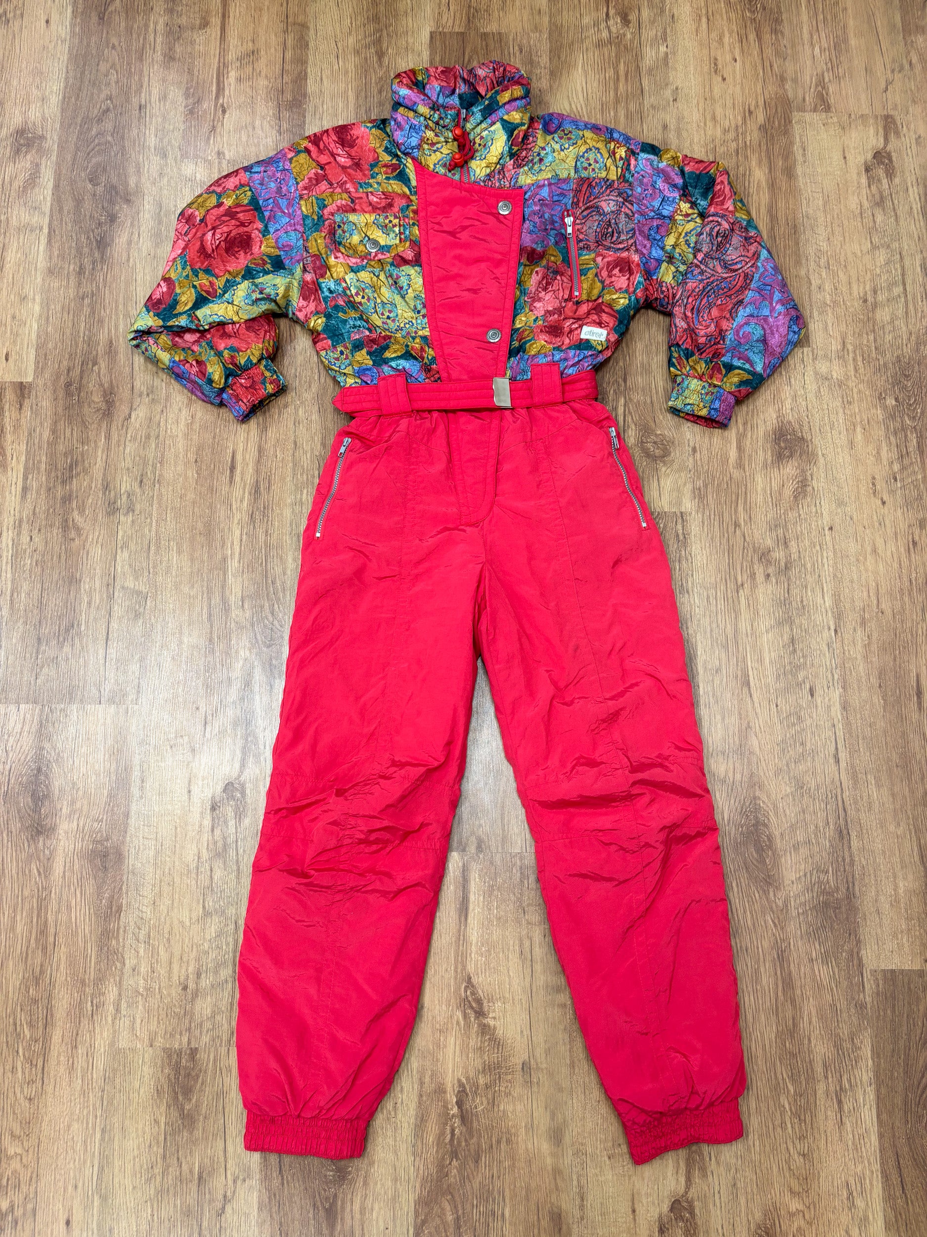 Vintage retro skipak - rood roze met bloemen print maat M