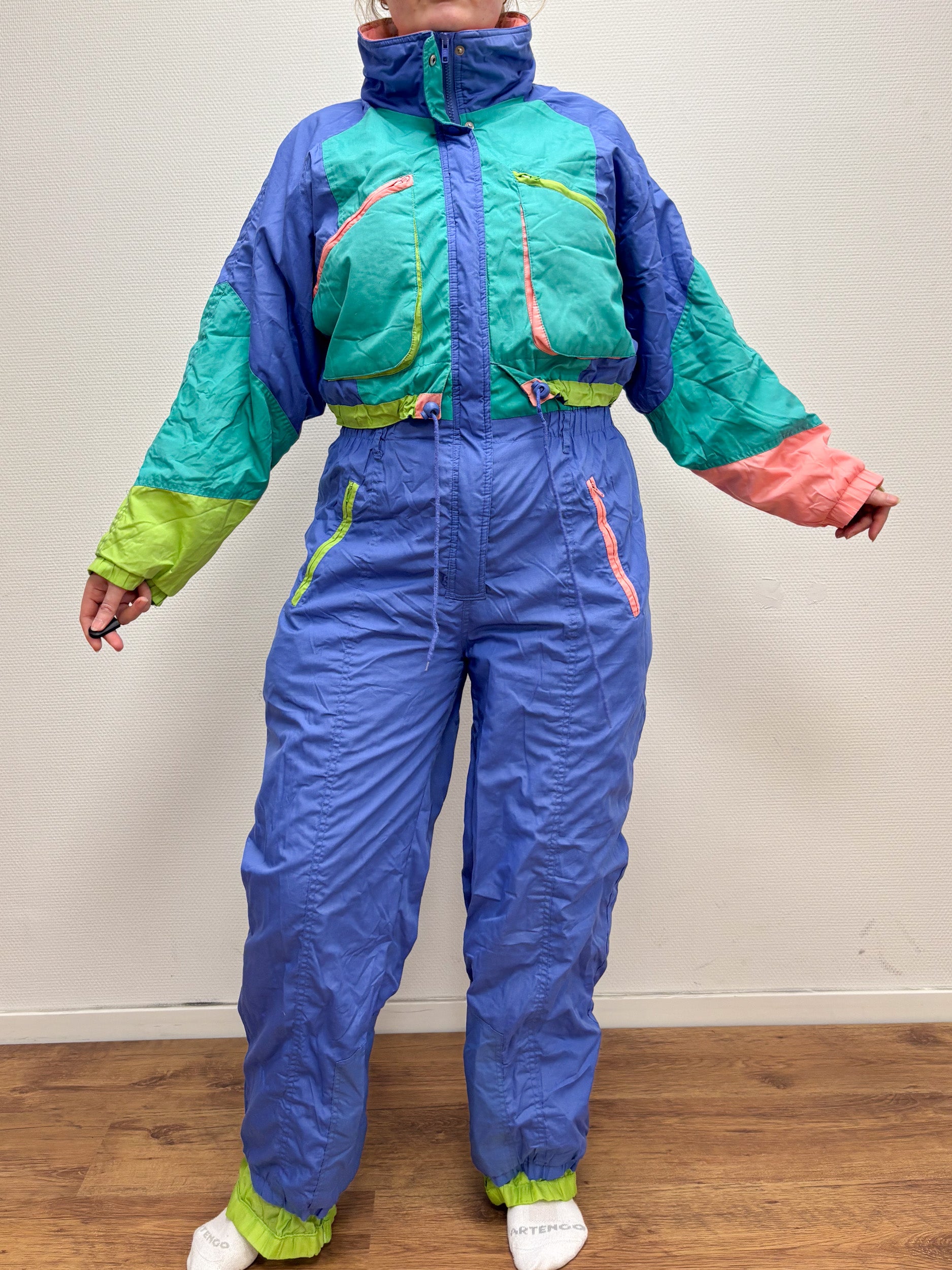 Vintage retro skipak - blauw, turquoise, lime, zalmroze maat L