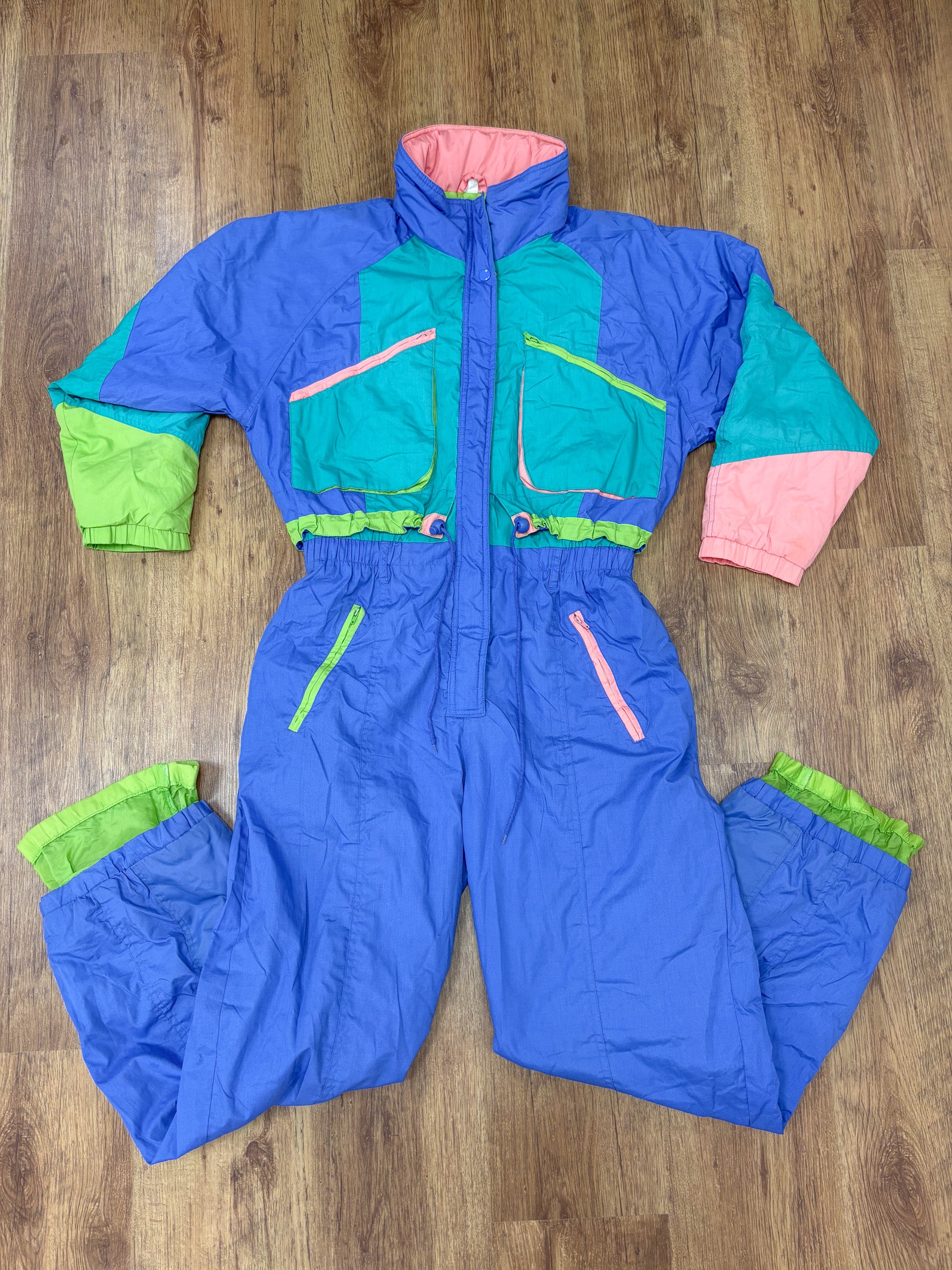 Vintage retro skipak - blauw, turquoise, lime, zalmroze maat L