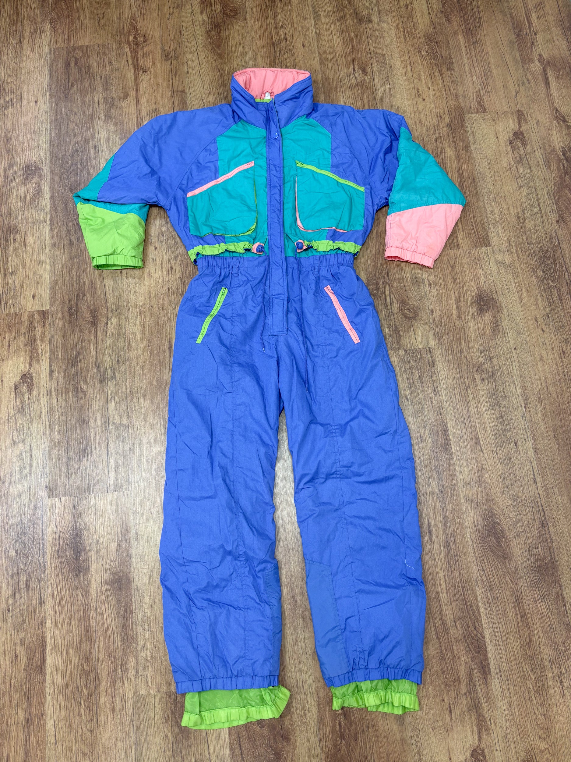 Vintage retro skipak - blauw, turquoise, lime, zalmroze maat L