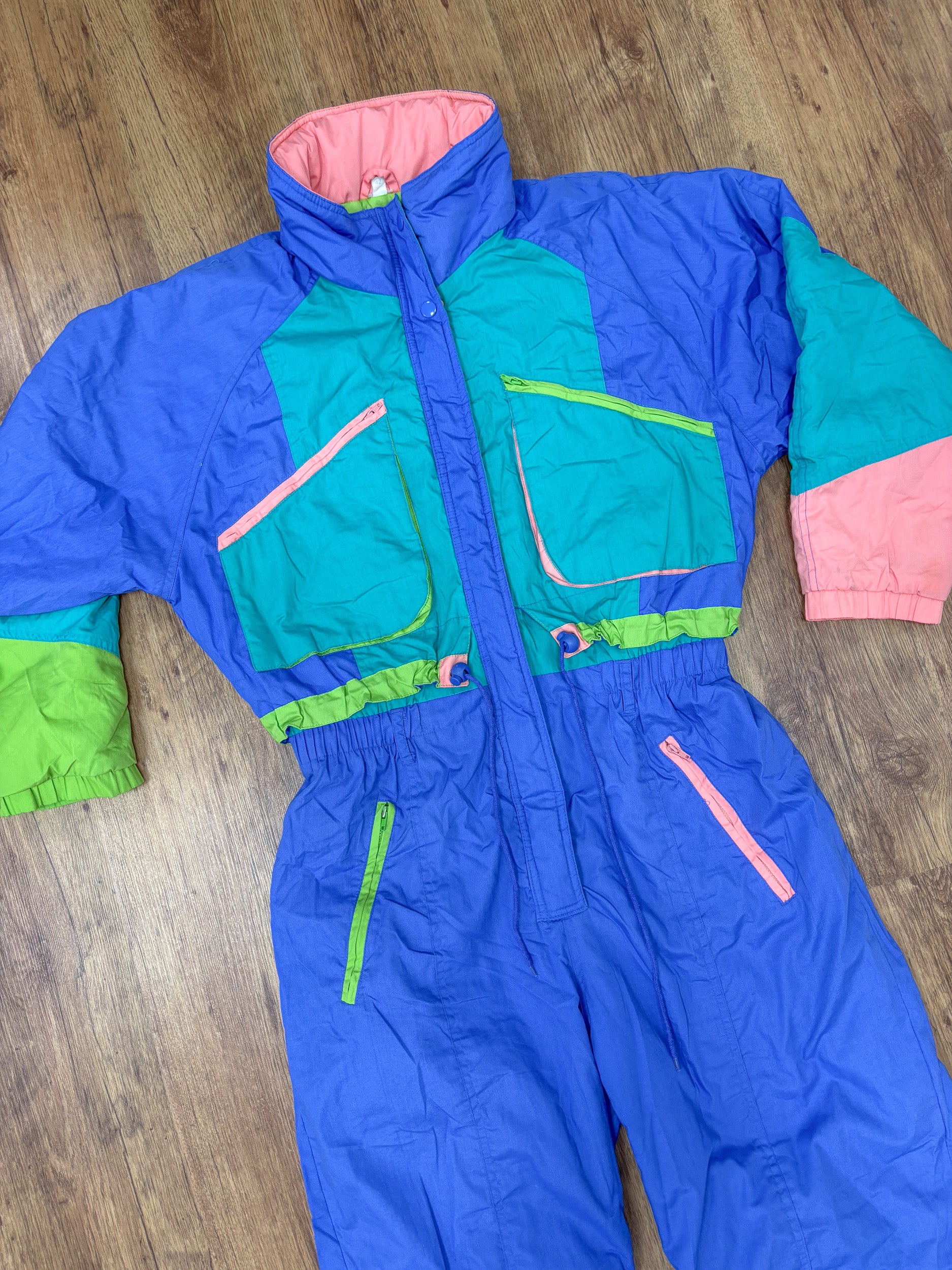 Vintage retro skipak - blauw, turquoise, lime, zalmroze maat L