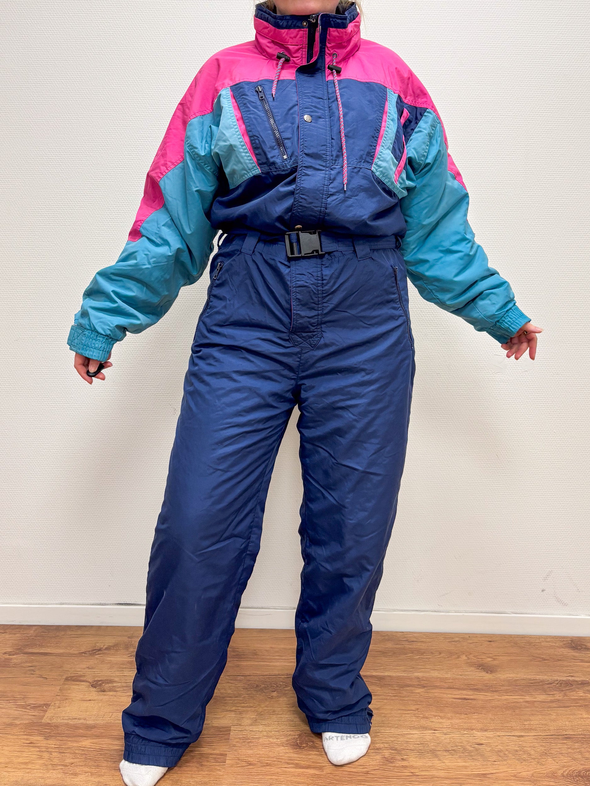 Vintage retro skipak - donkerblauw, roze, blauw maat M