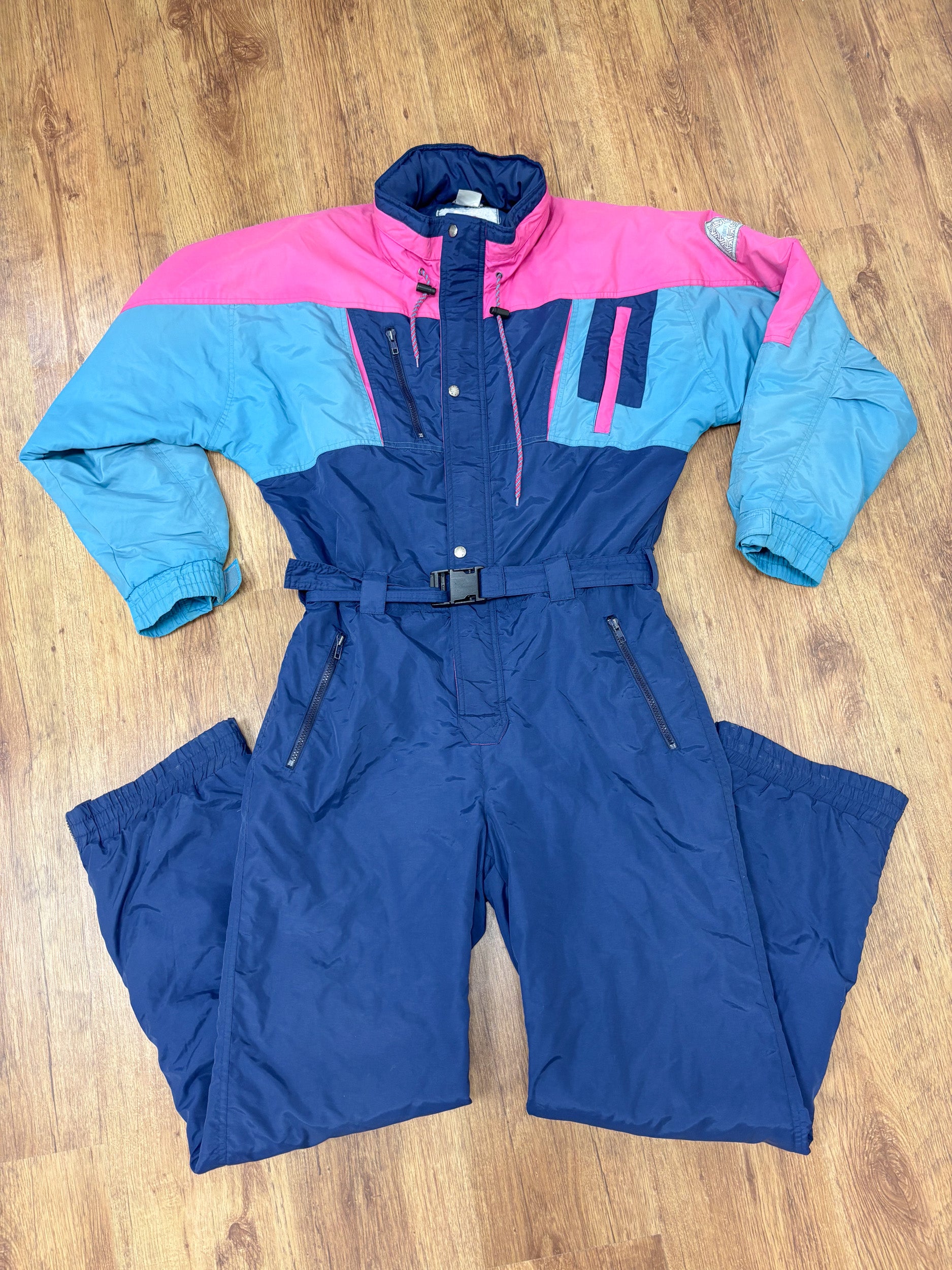 Vintage retro skipak - donkerblauw, roze, blauw maat M