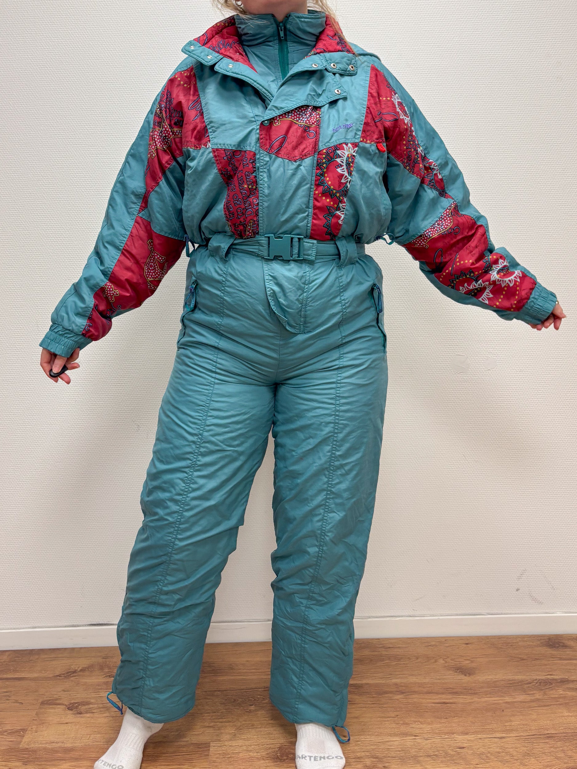 Vintage retro skipak - blauw, rood met print maat M