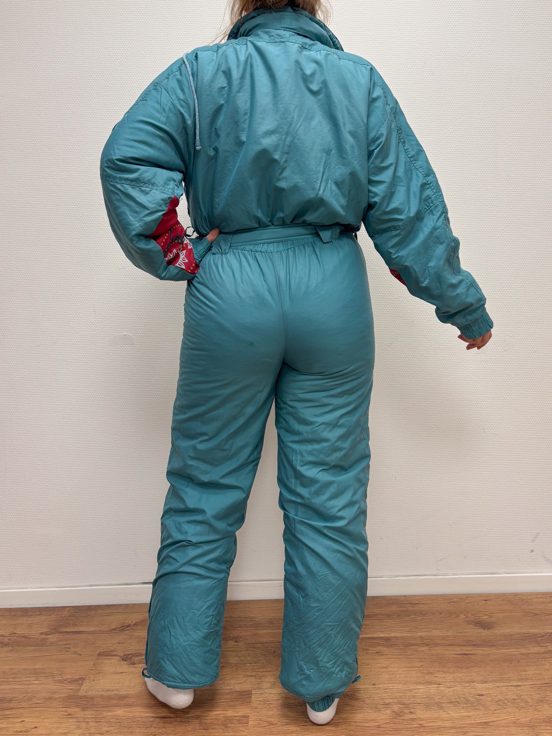 Vintage retro skipak - blauw, rood met print maat M