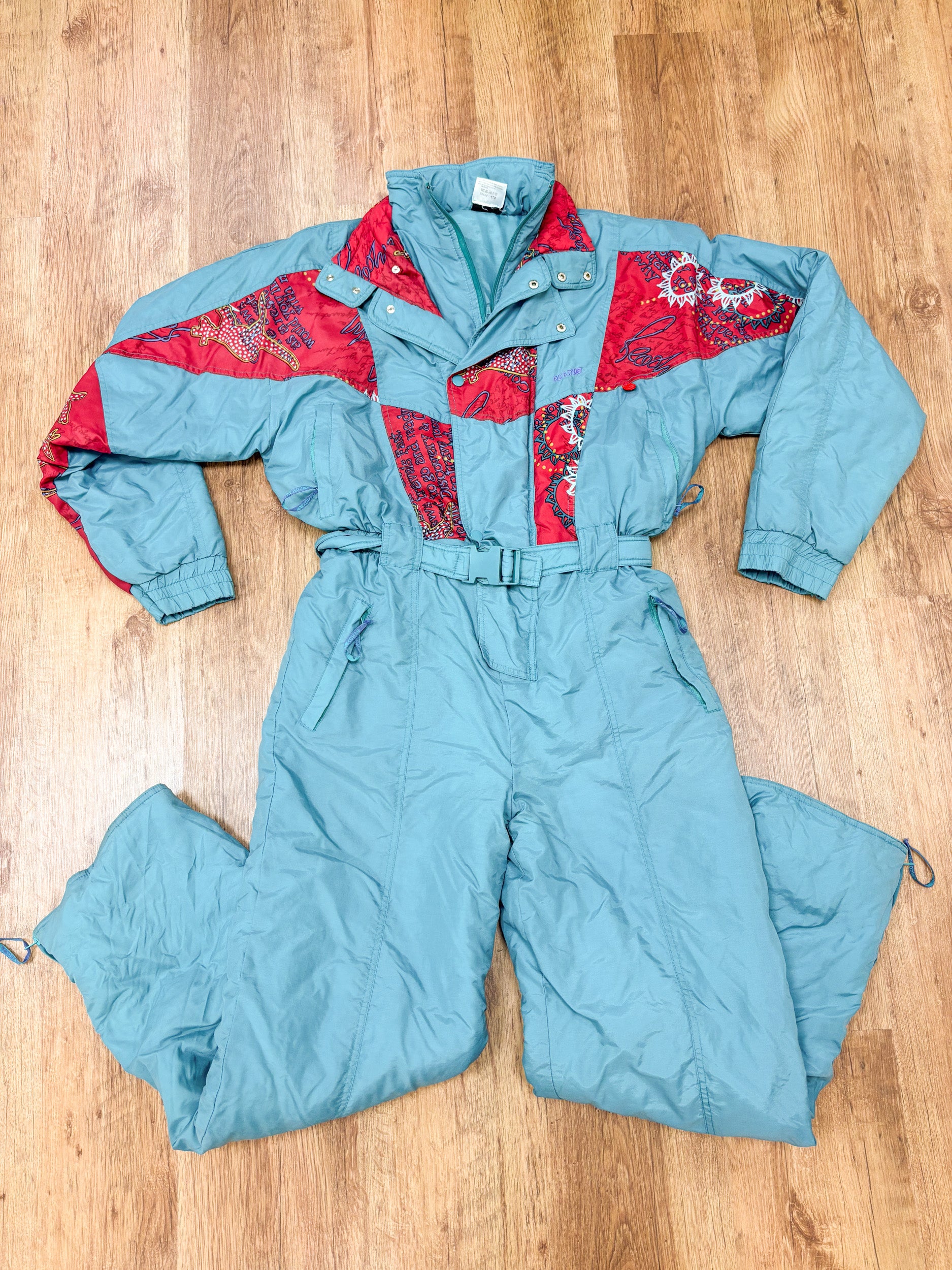 Vintage retro skipak - blauw, rood met print maat M