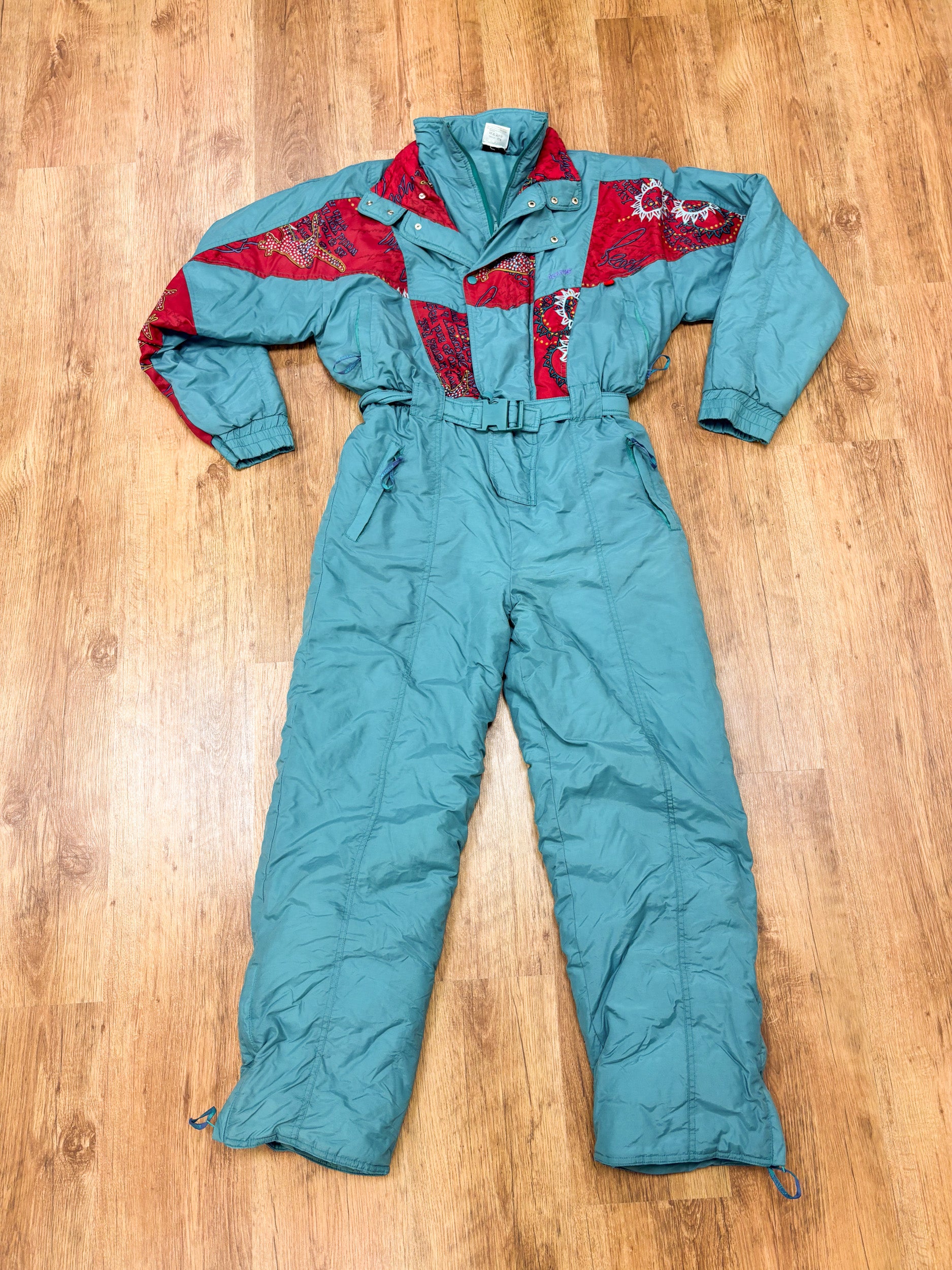 Vintage retro skipak - blauw, rood met print maat M