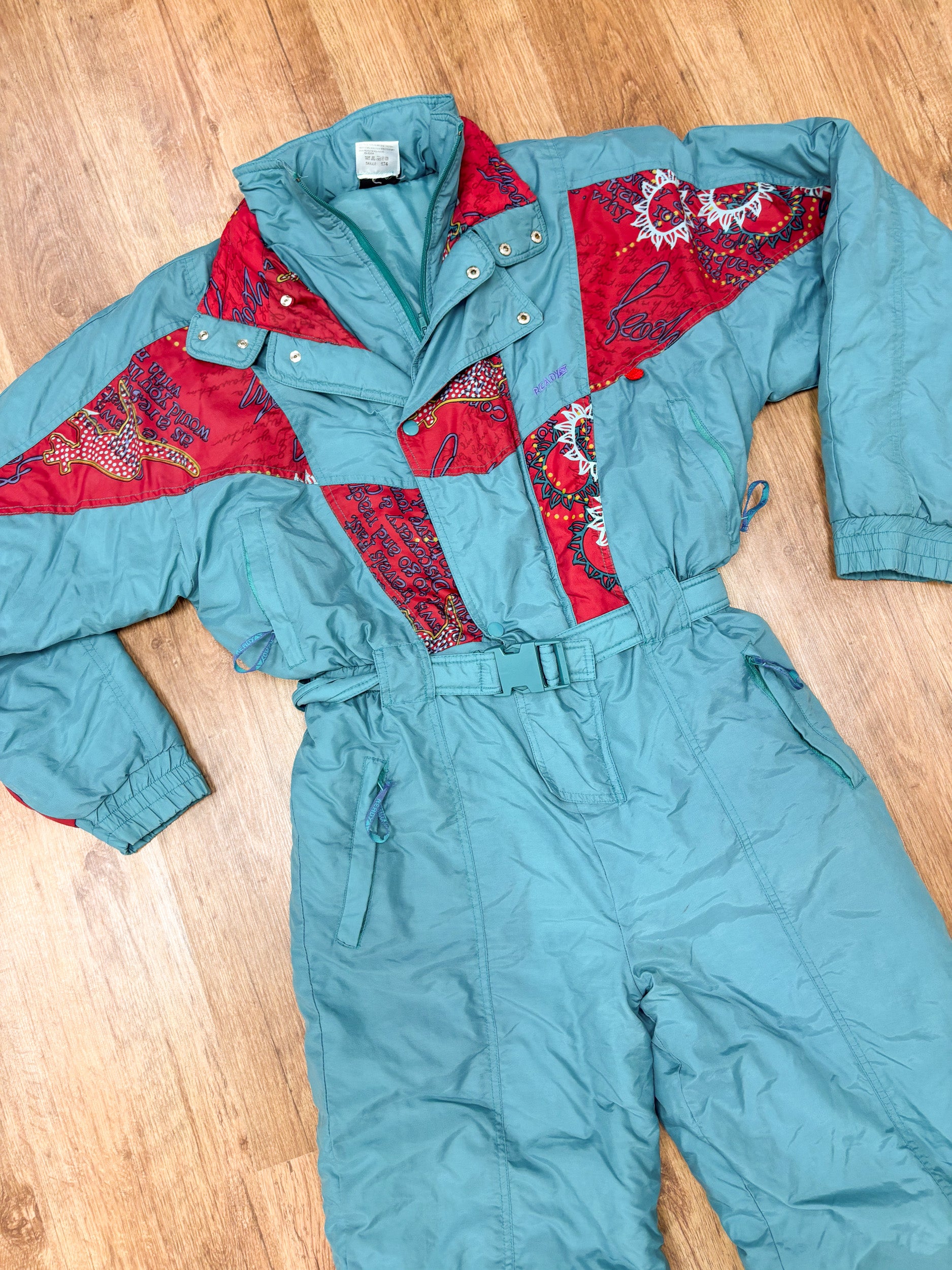 Vintage retro skipak - blauw, rood met print maat M