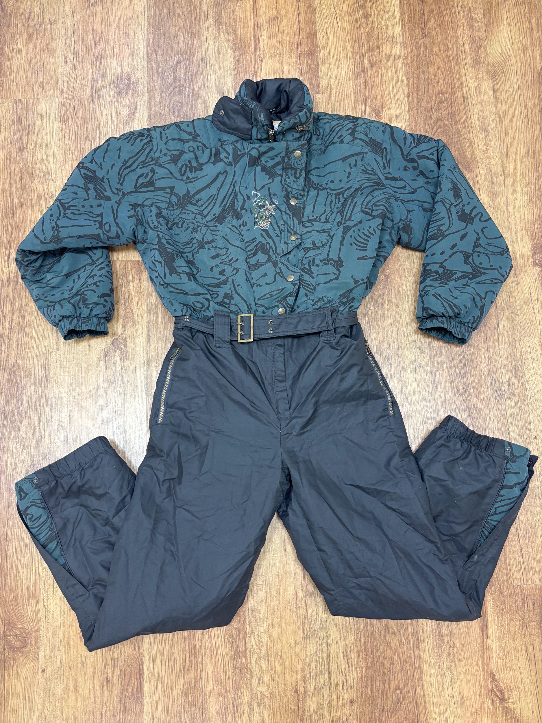 Vintage retro skipak - SKISS zwart, groen met print maat M