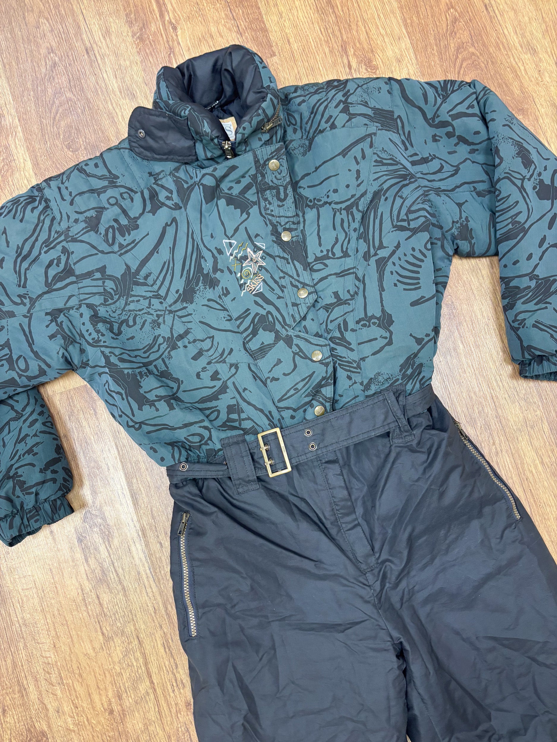 Vintage retro skipak - SKISS zwart, groen met print maat M