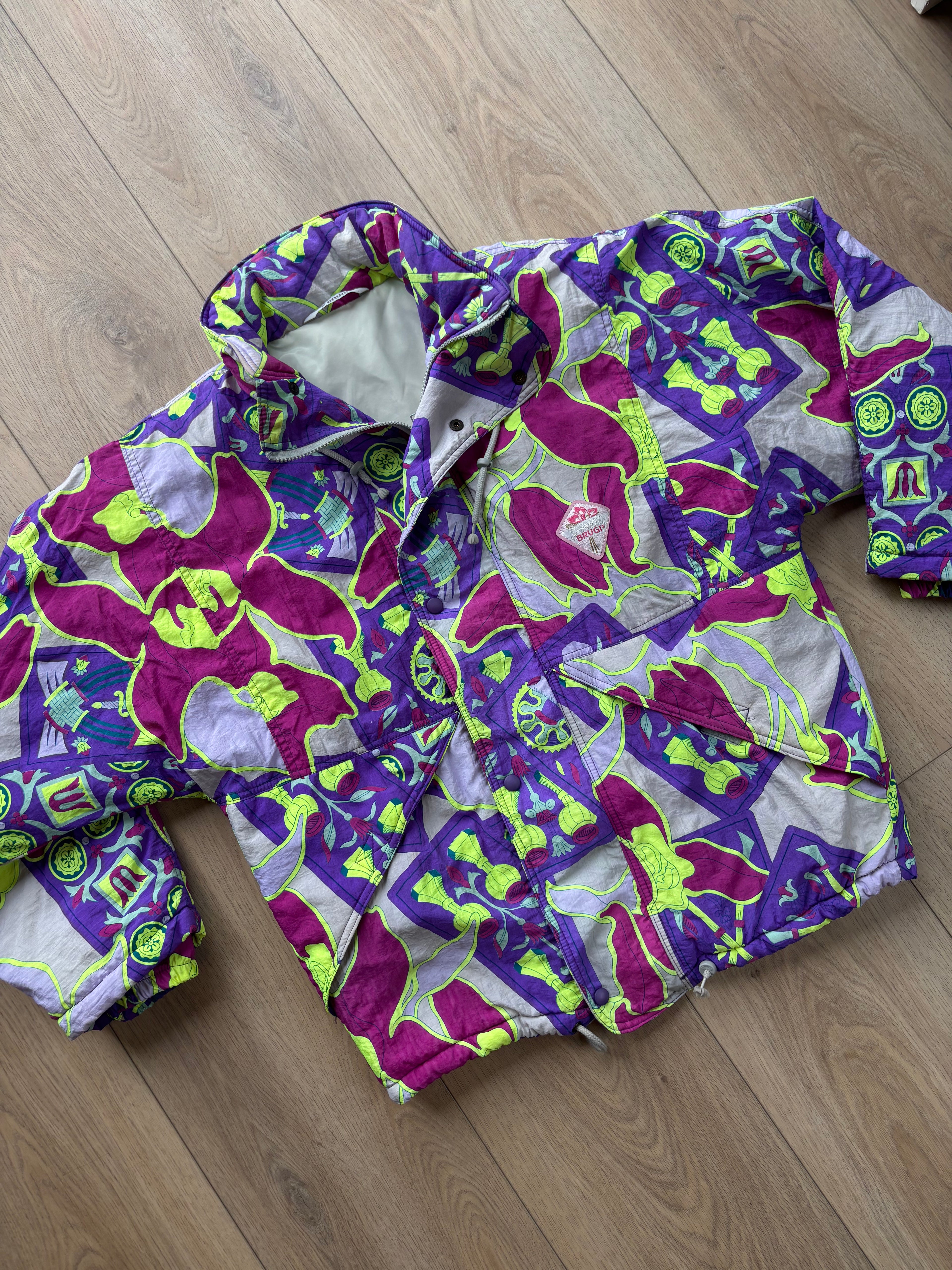 Vintage retro ski jas - Brugi print bordeaux, paars, geel maat S/M