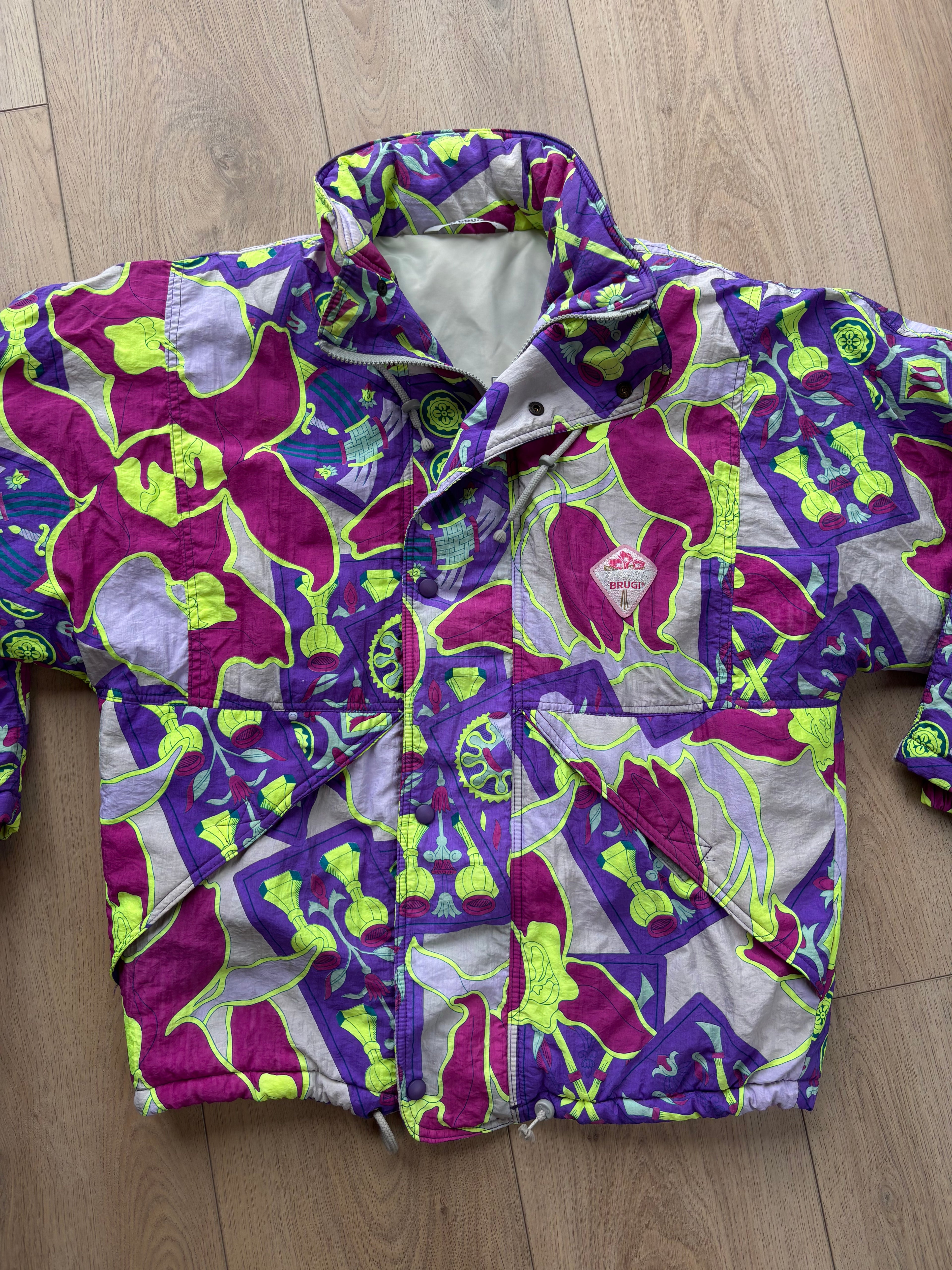 Vintage retro ski jas - Brugi print bordeaux, paars, geel maat S/M