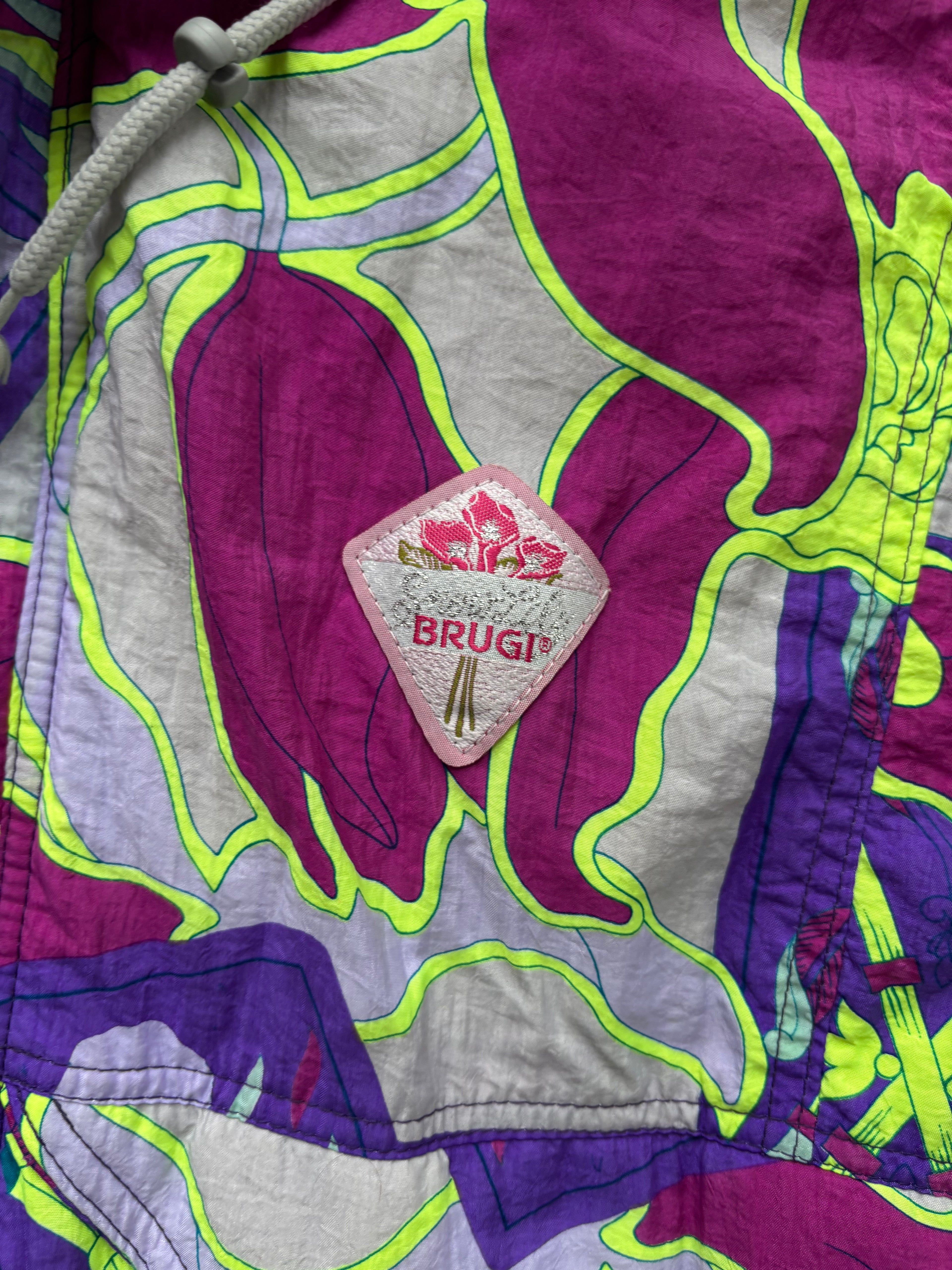 Vintage retro ski jas - Brugi print bordeaux, paars, geel maat S/M