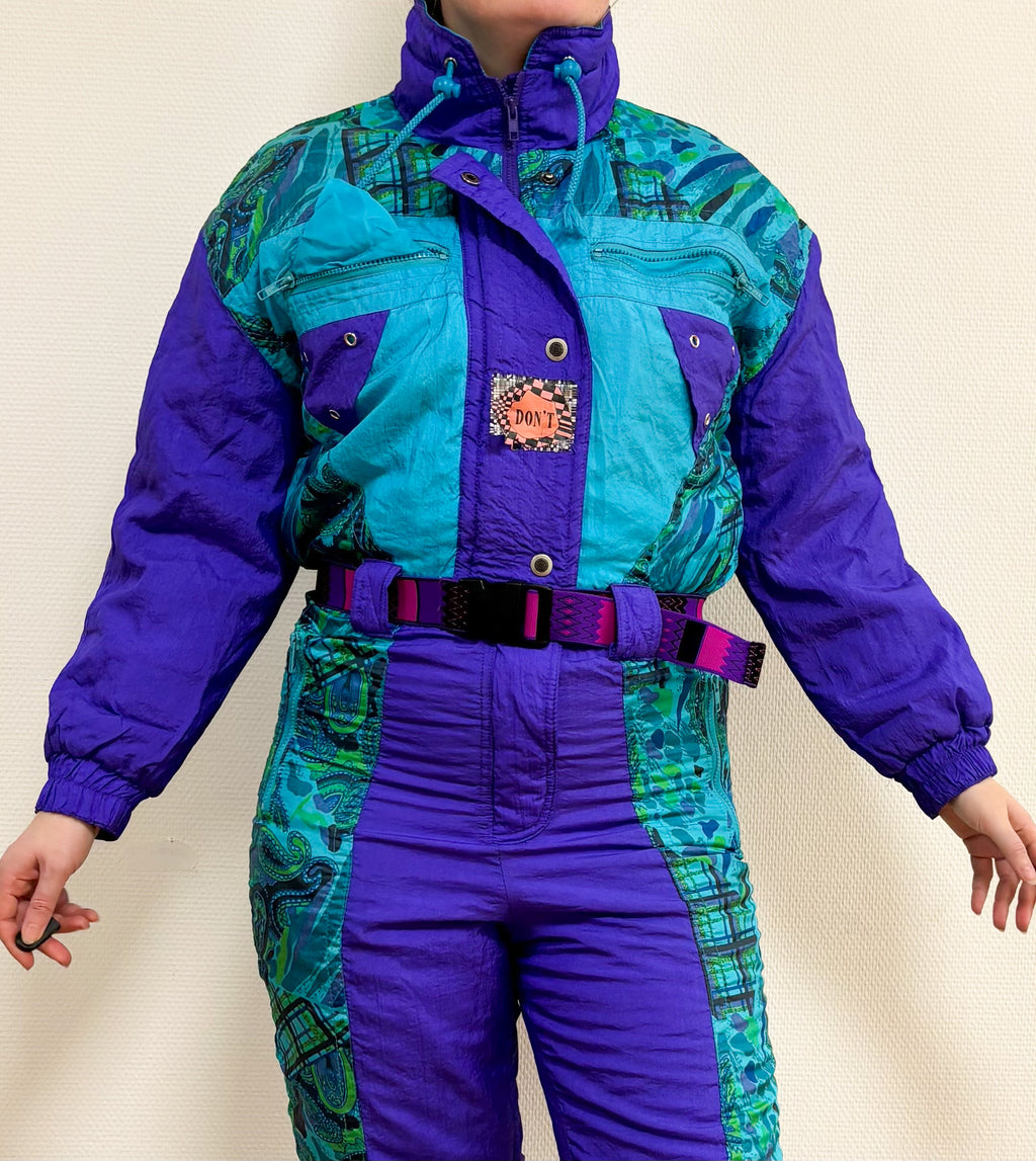 Vintage retro skipak - blauw / paars, turquoise, groen met print maat M/L