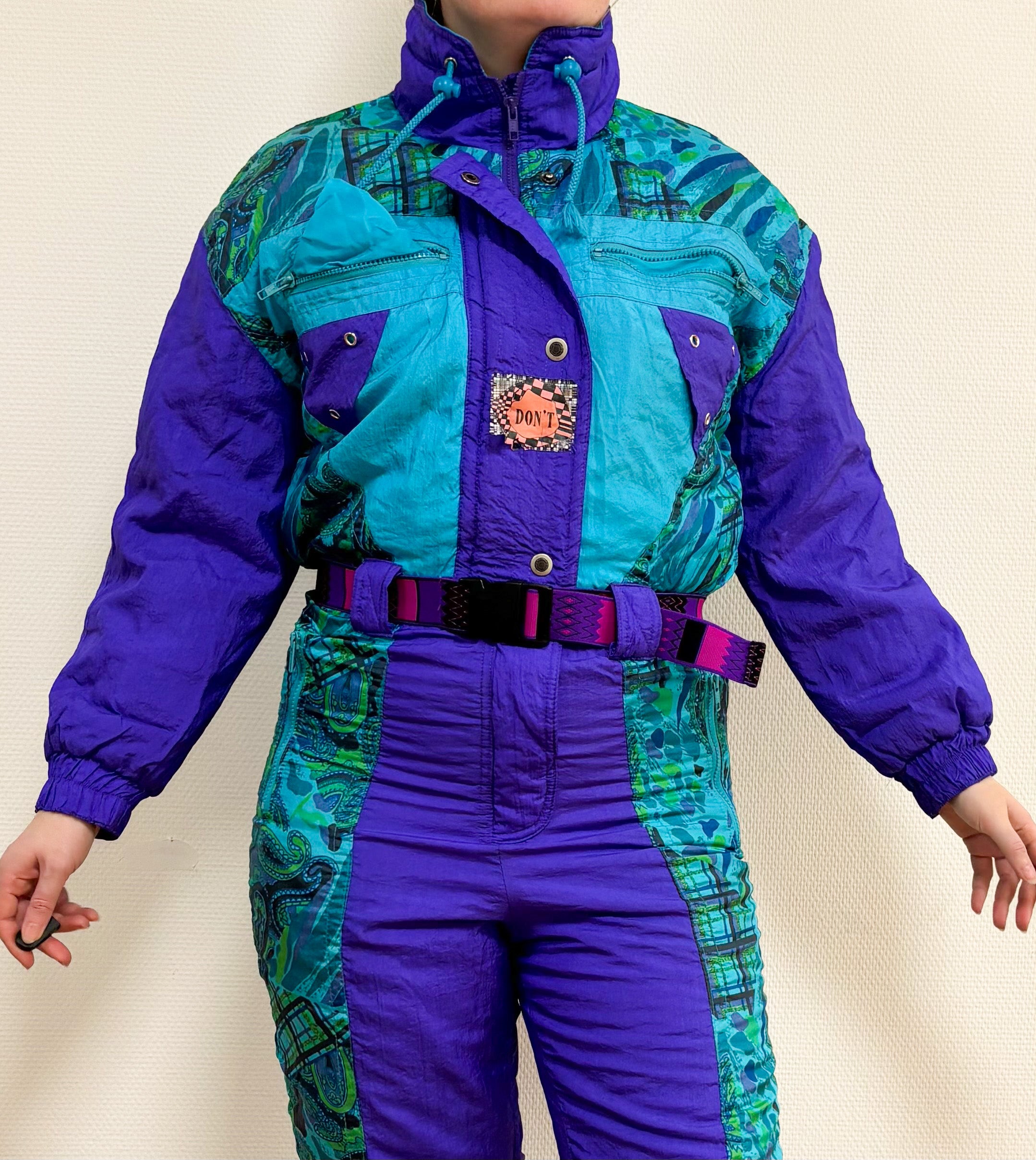 Vintage retro skipak - blauw / paars, turquoise, groen met print maat M/L