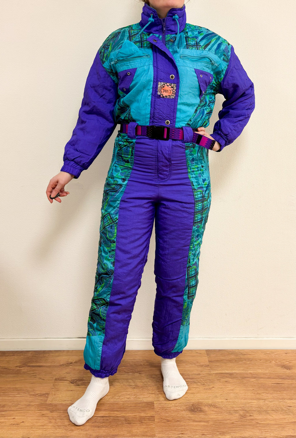 Vintage retro skipak - blauw / paars, turquoise, groen met print maat M/L