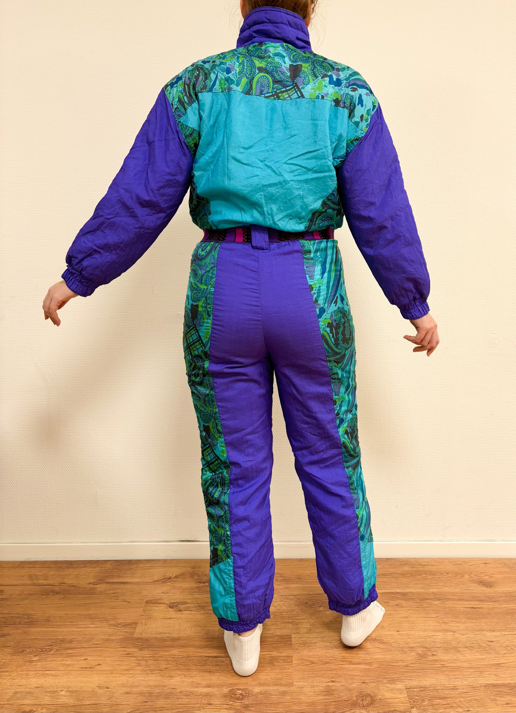 Vintage retro skipak - blauw / paars, turquoise, groen met print maat M/L