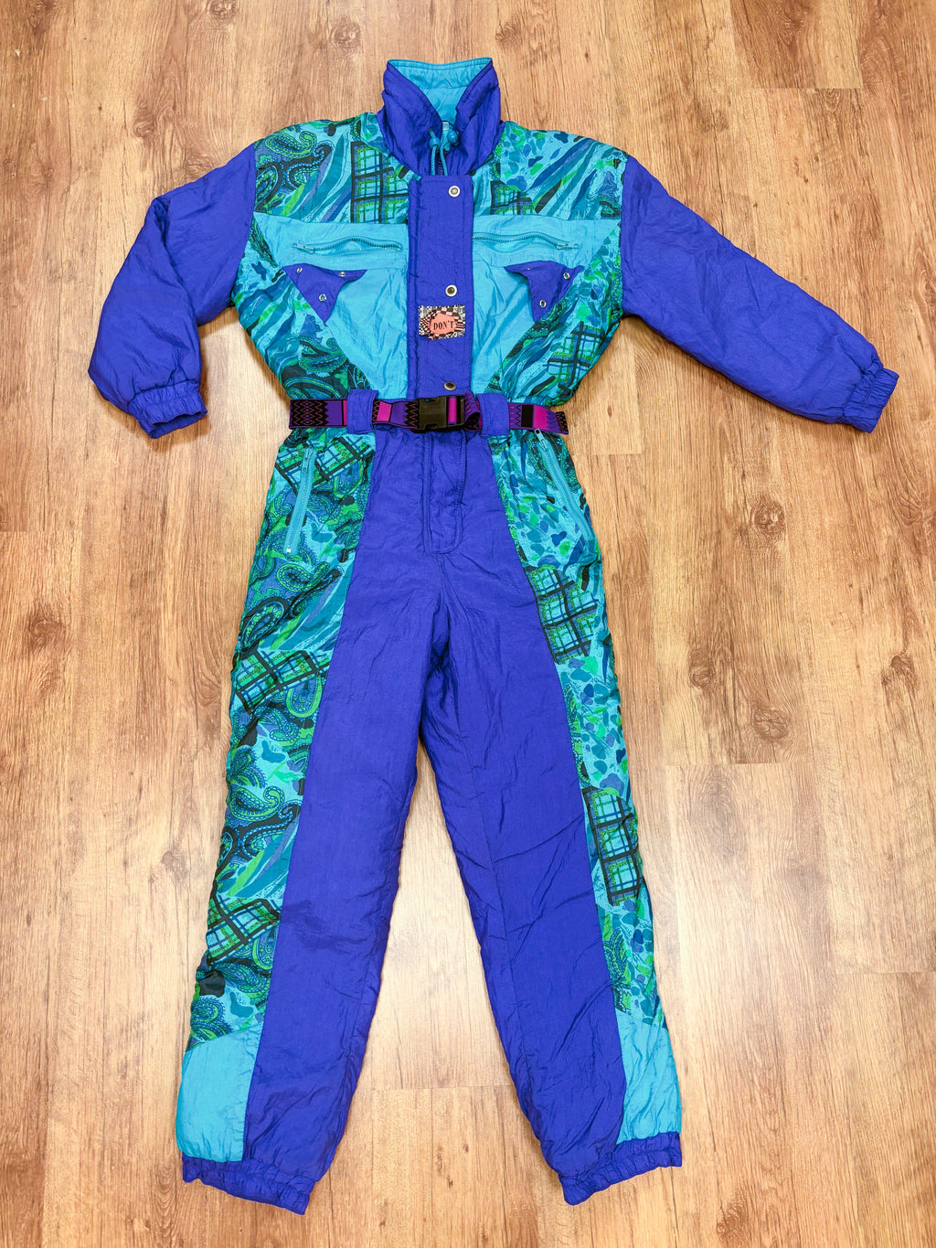 Vintage retro skipak - blauw / paars, turquoise, groen met print maat M/L