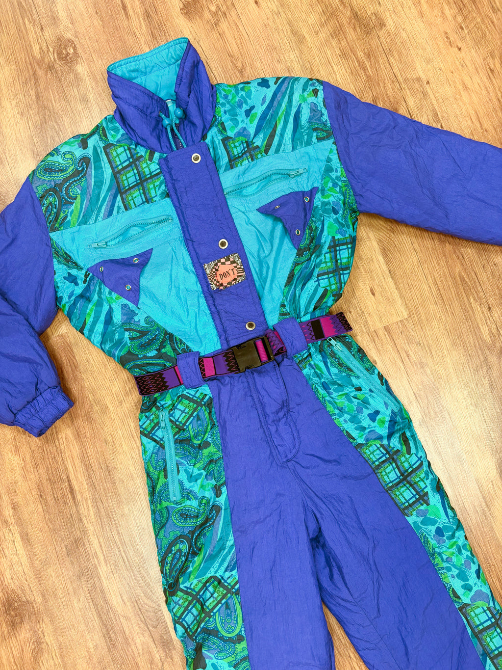 Vintage retro skipak - blauw / paars, turquoise, groen met print maat M/L