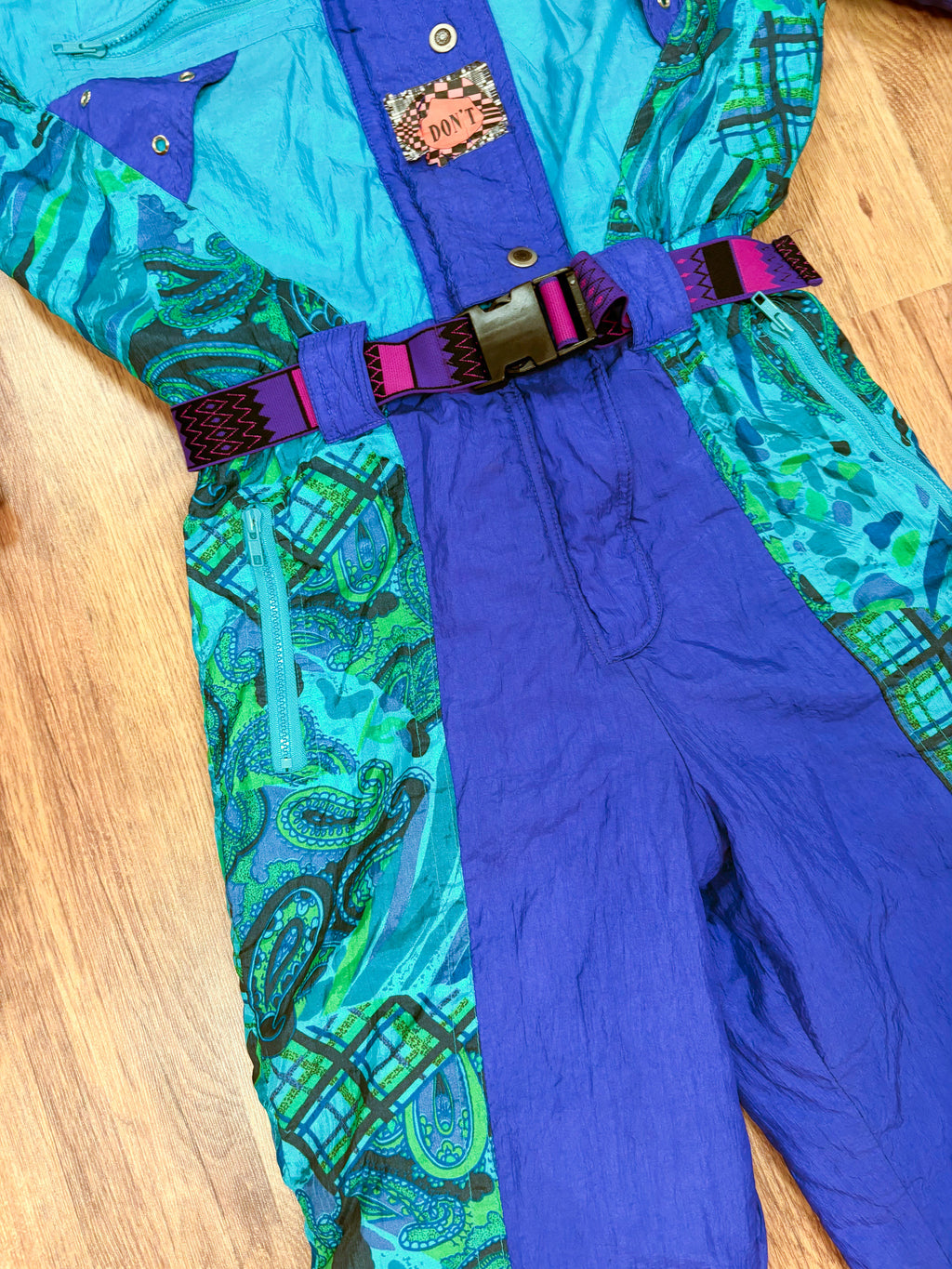 Vintage retro skipak - blauw / paars, turquoise, groen met print maat M/L