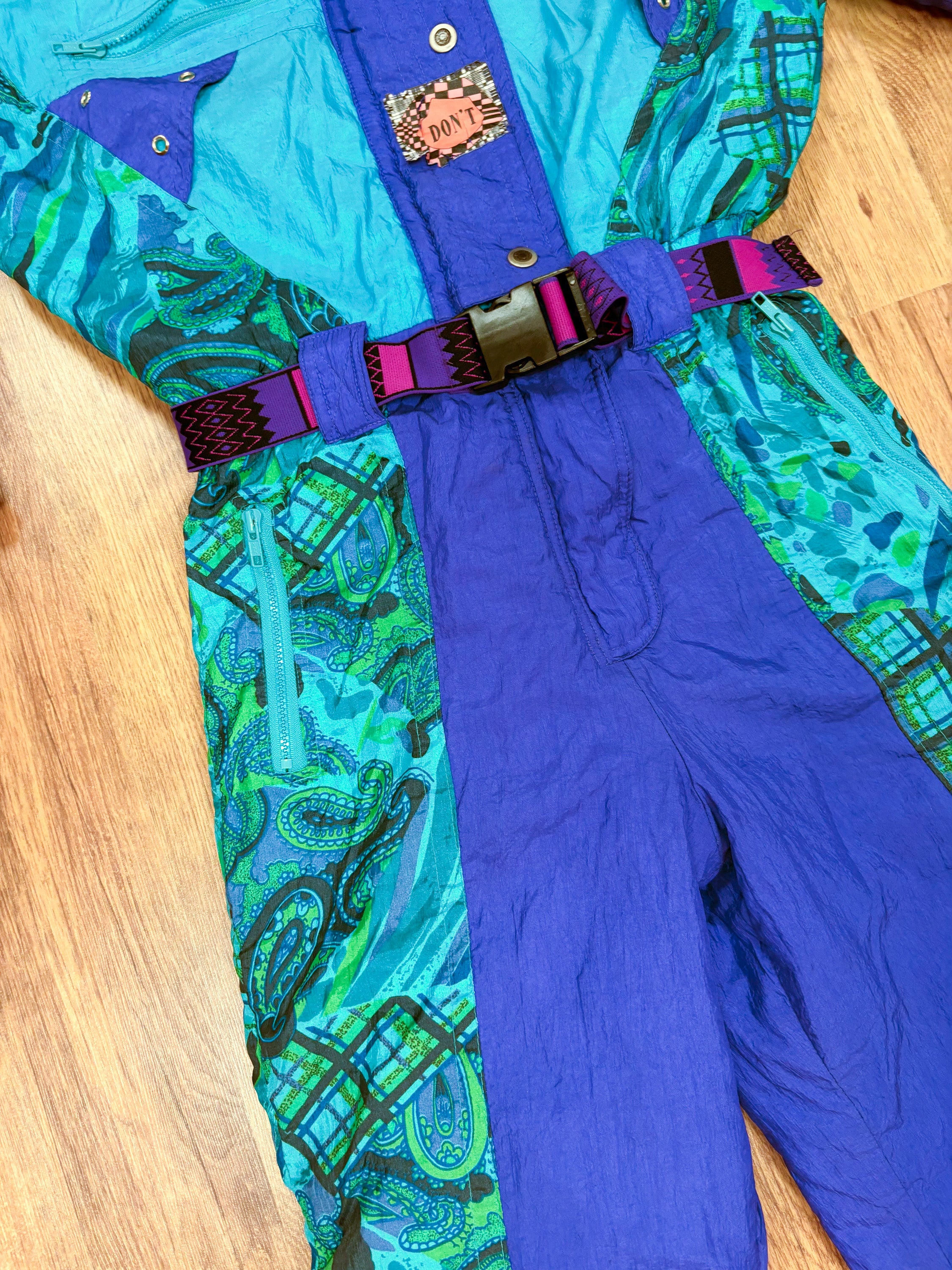 Vintage retro skipak - blauw / paars, turquoise, groen met print maat M/L