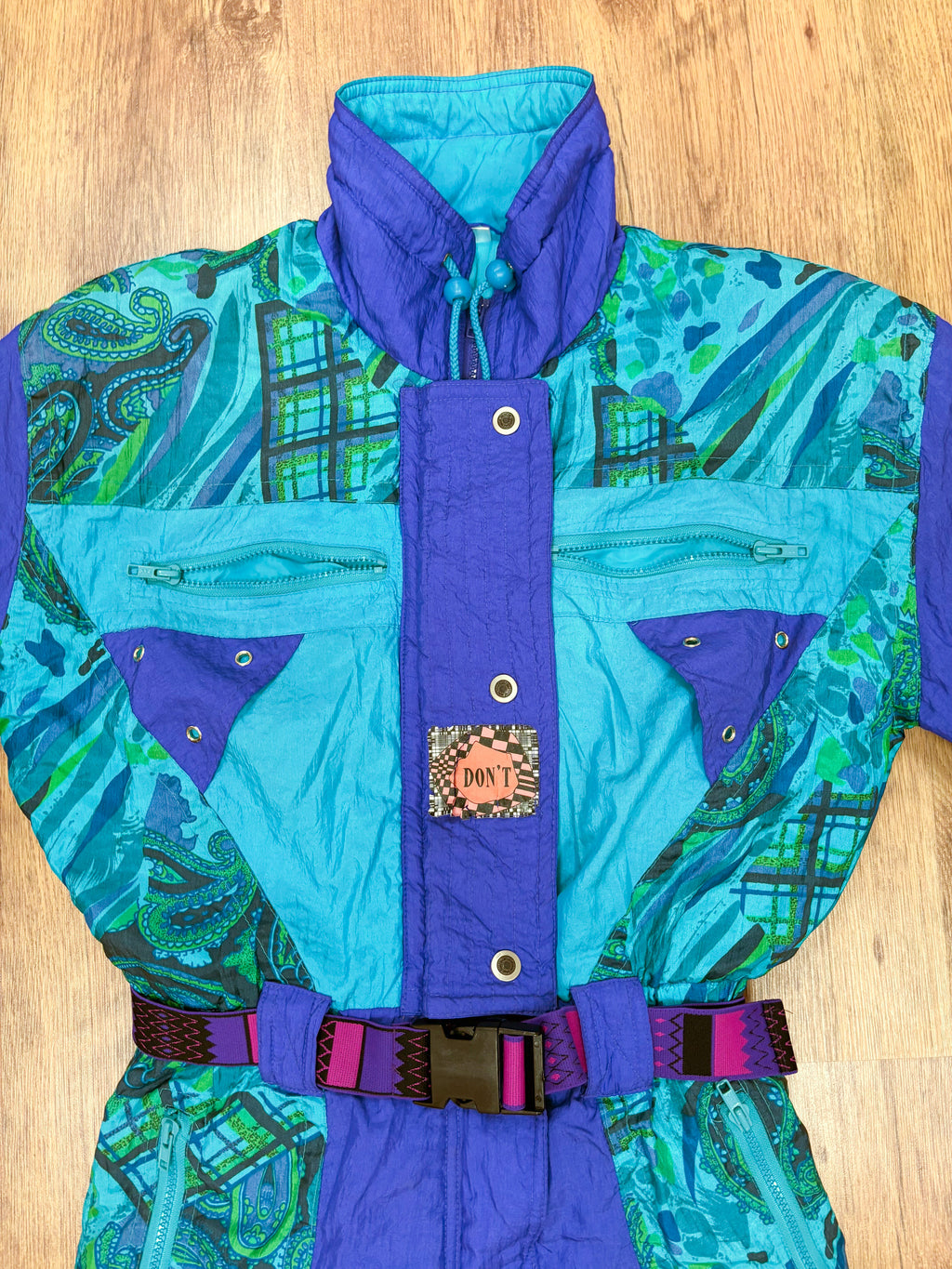 Vintage retro skipak - blauw / paars, turquoise, groen met print maat M/L