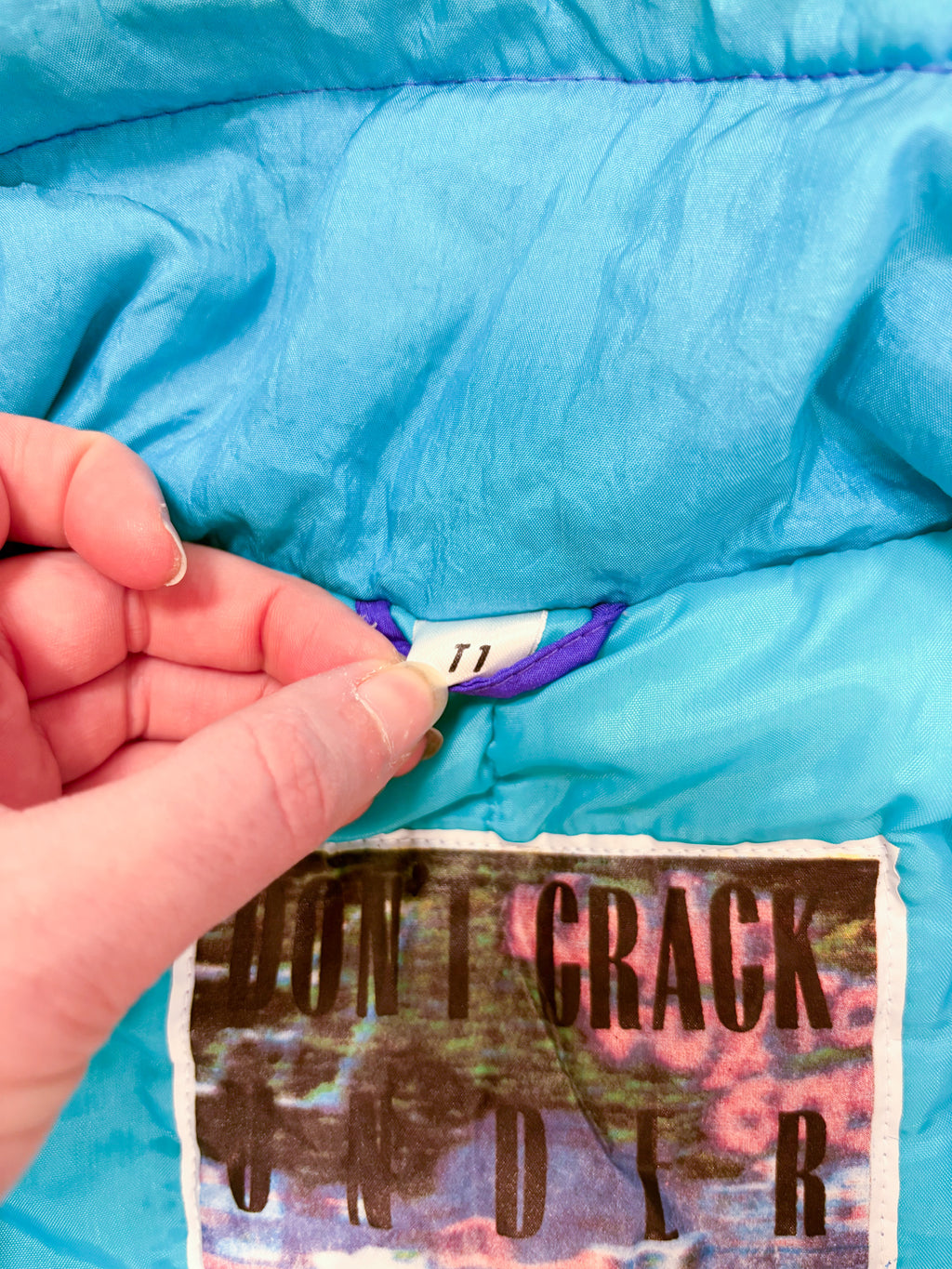 Vintage retro skipak - blauw / paars, turquoise, groen met print maat M/L