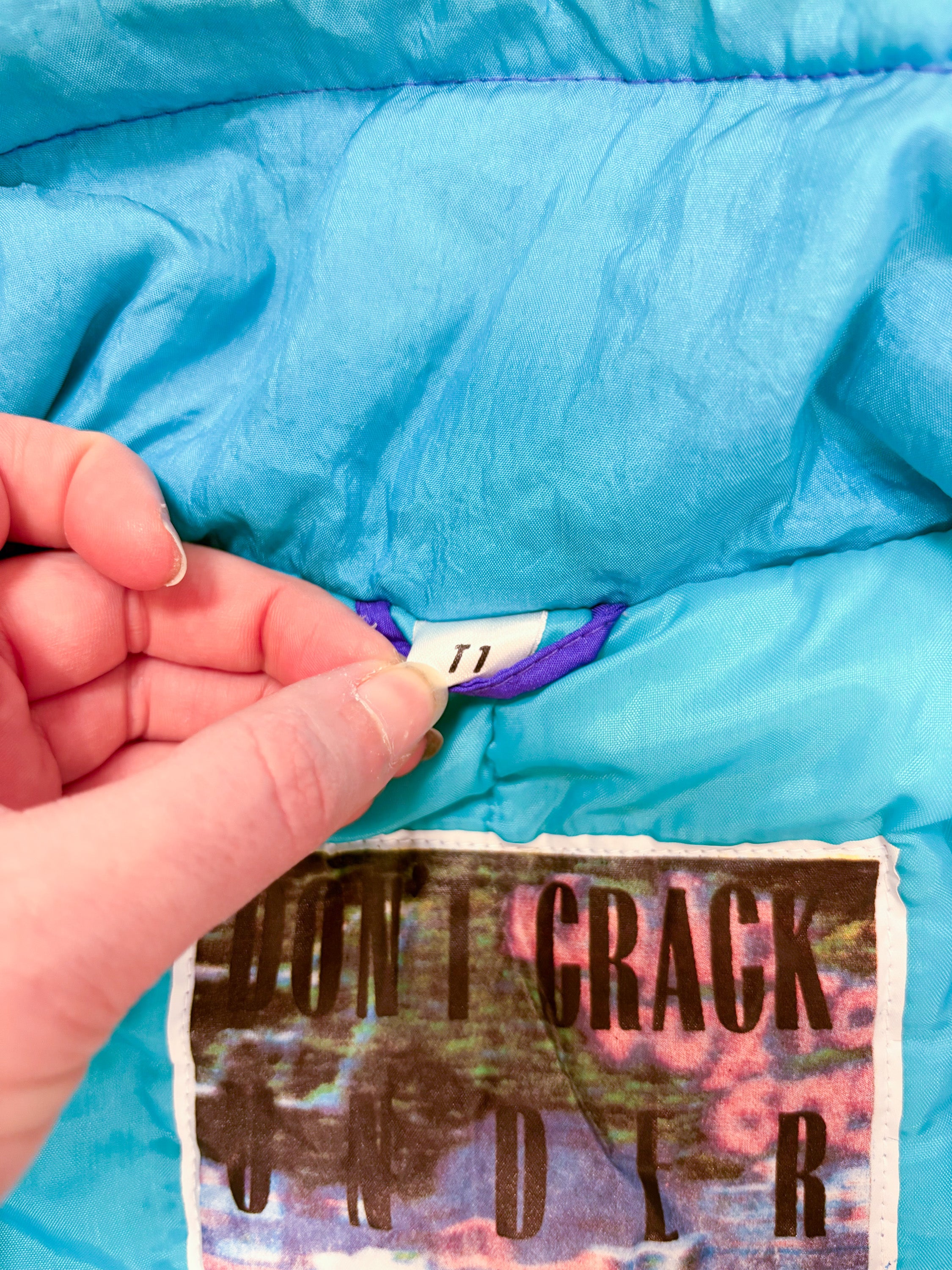 Vintage retro skipak - blauw / paars, turquoise, groen met print maat M/L