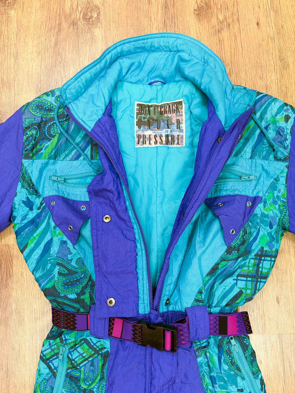 Vintage retro skipak - blauw / paars, turquoise, groen met print maat M/L