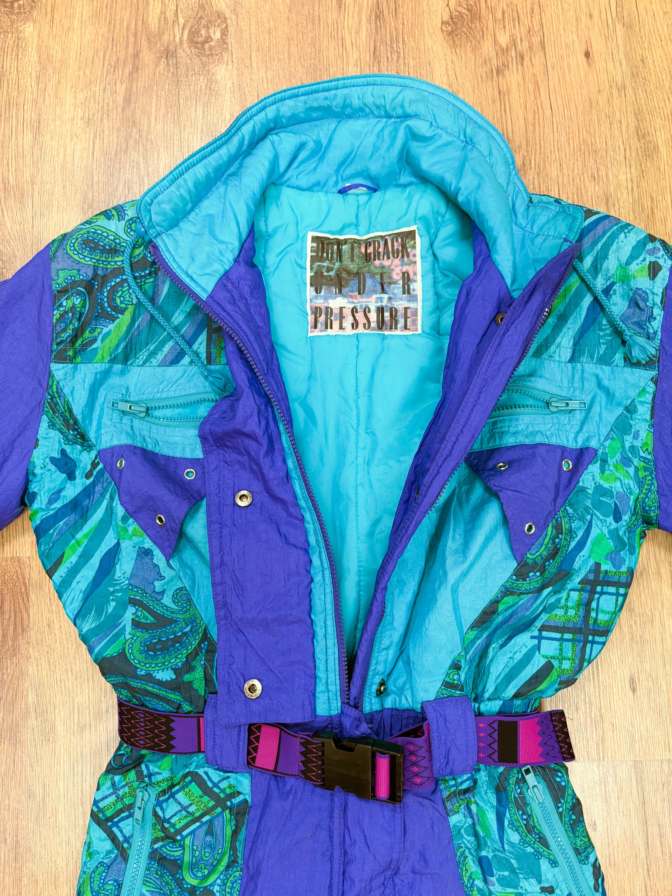 Vintage retro skipak - blauw / paars, turquoise, groen met print maat M/L