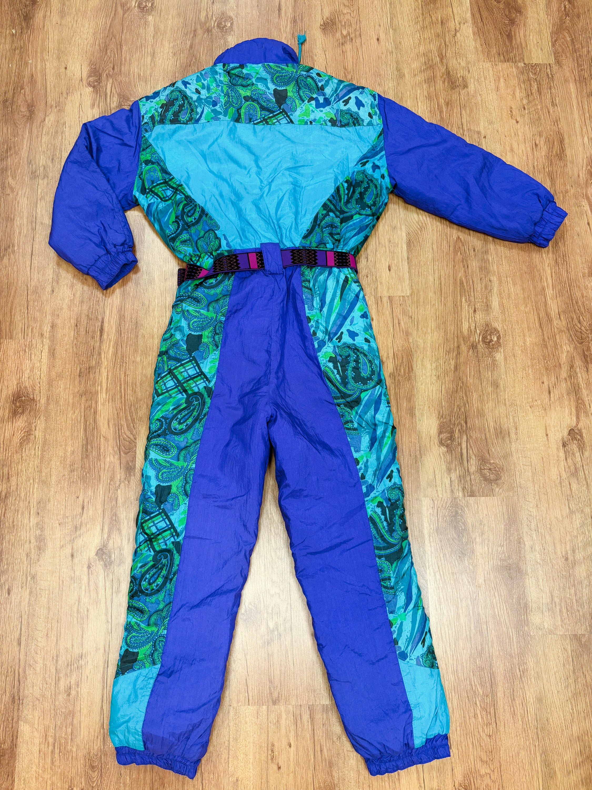 Vintage retro skipak - blauw / paars, turquoise, groen met print maat M/L