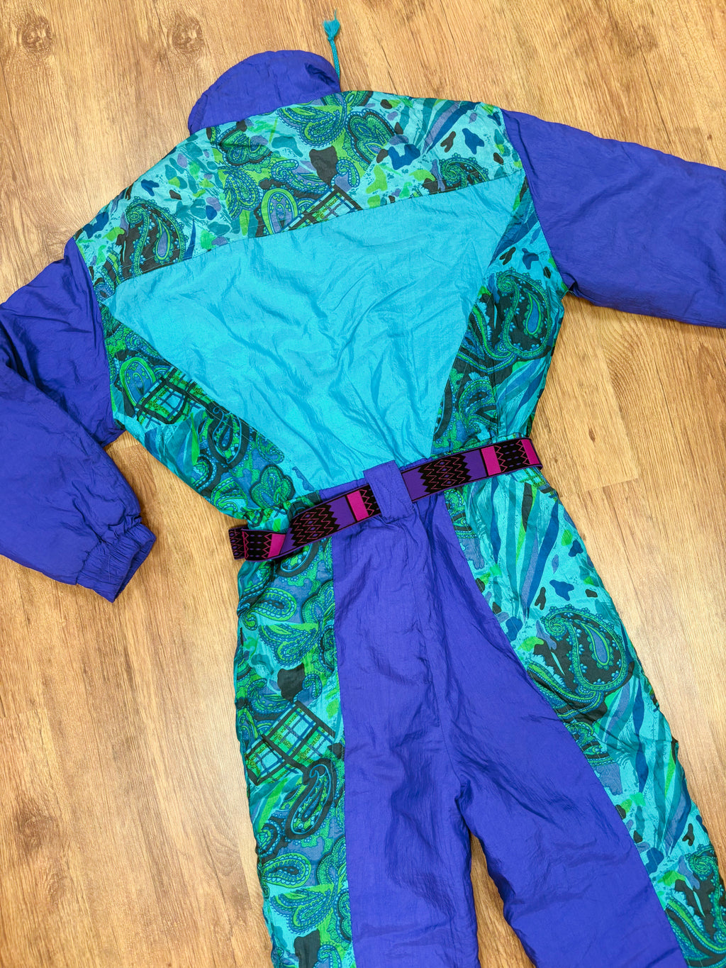 Vintage retro skipak - blauw / paars, turquoise, groen met print maat M/L