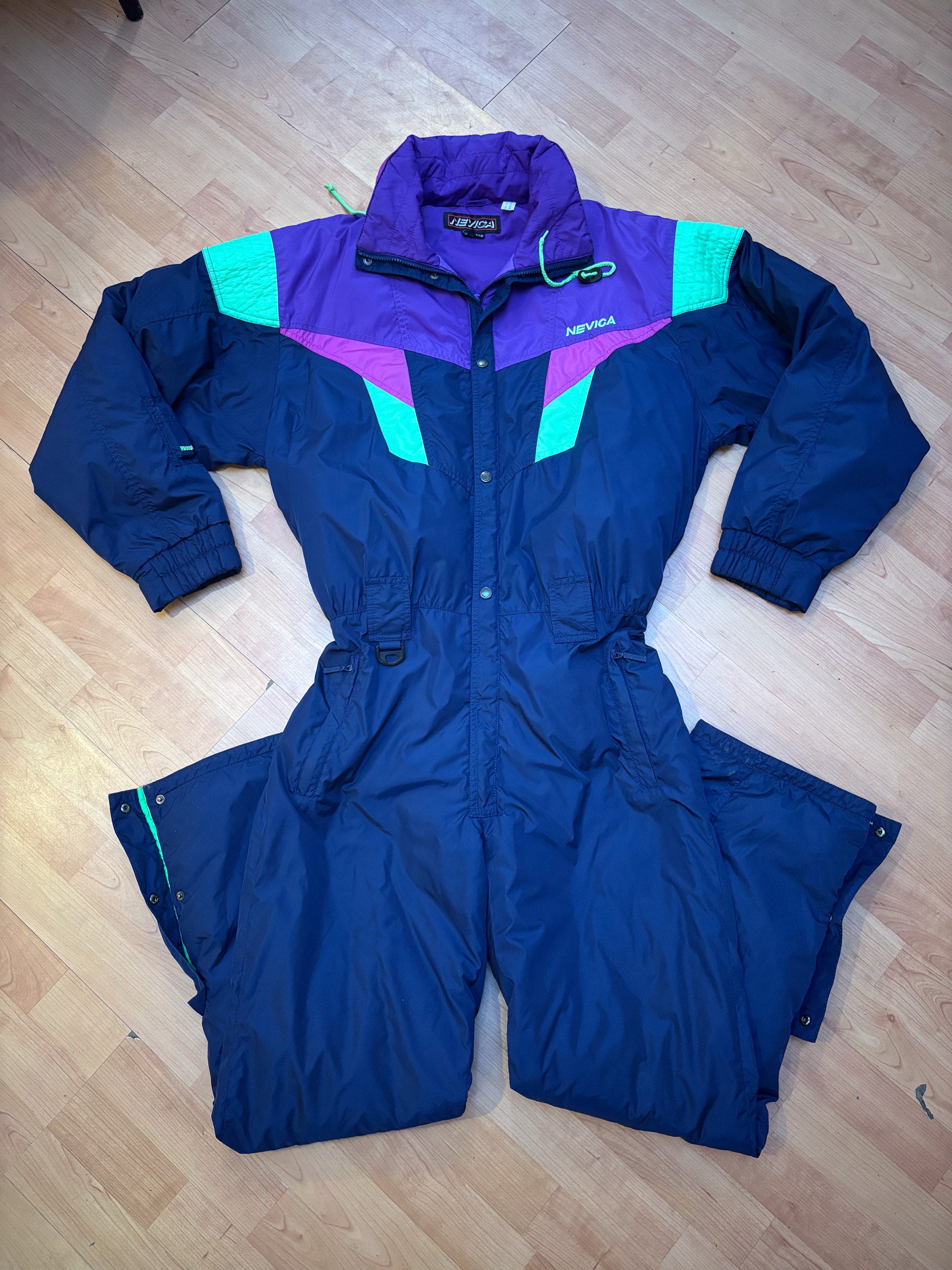 Vintage retro skipak - Donkerblauw, paars, neon groen maat M