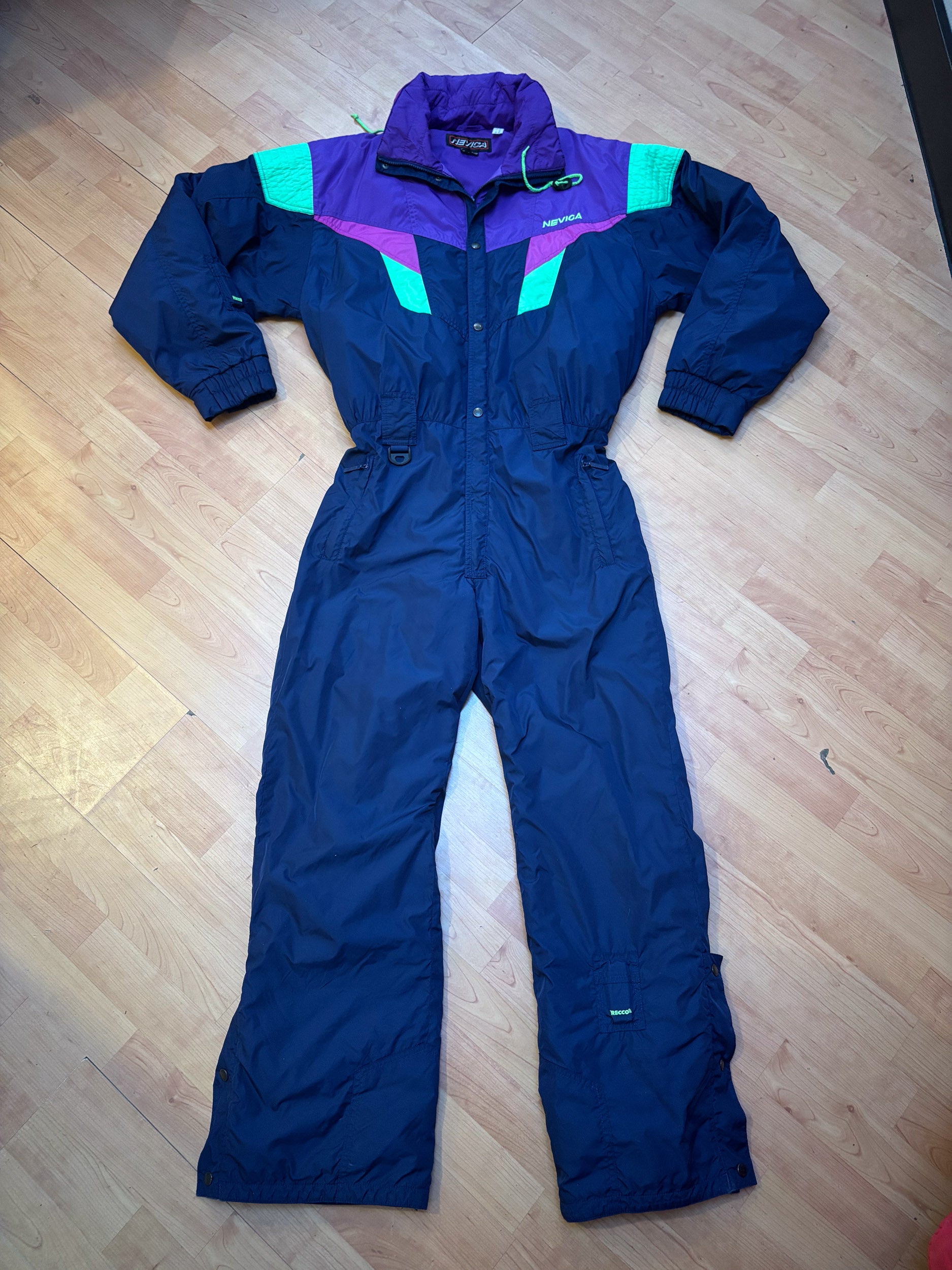 Vintage retro skipak - Donkerblauw, paars, neon groen maat M