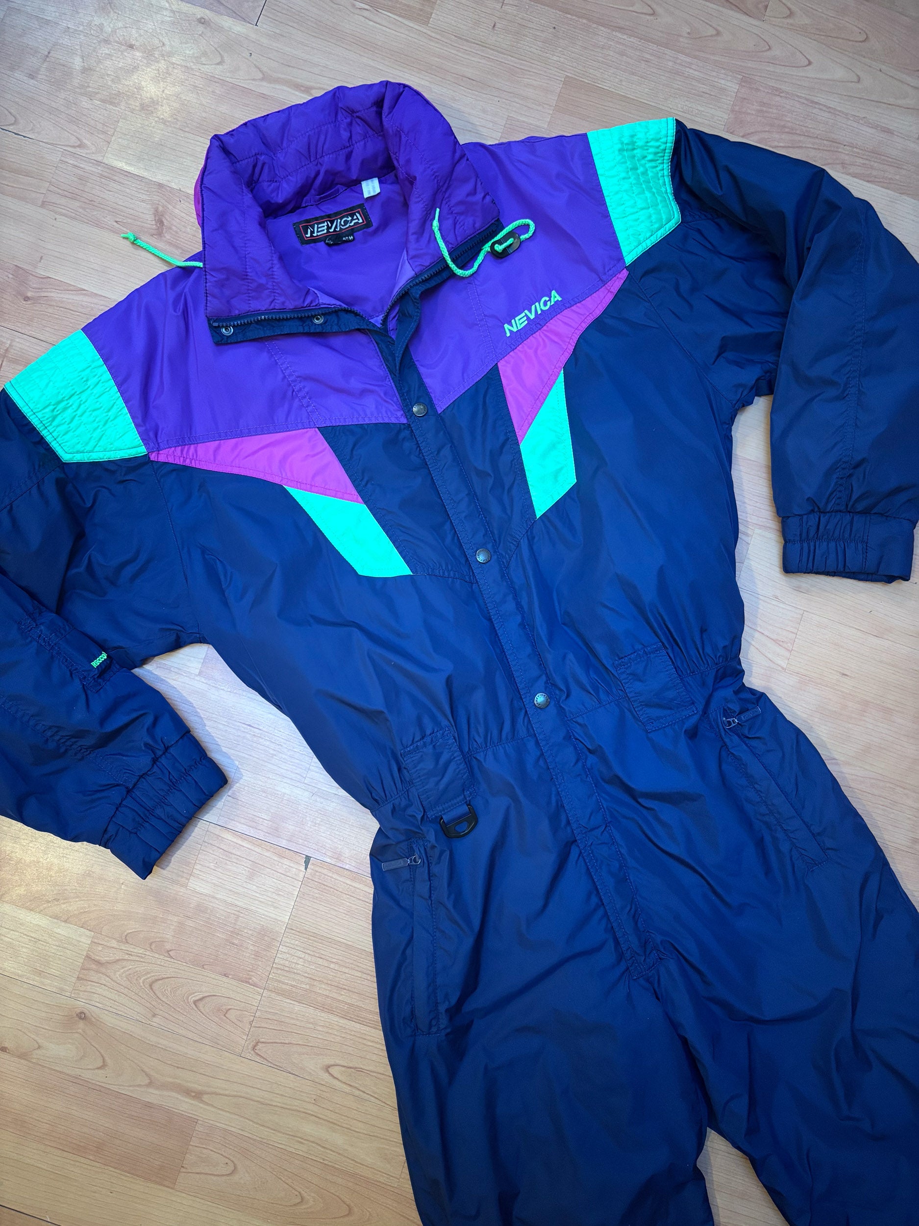 Vintage retro skipak - Donkerblauw, paars, neon groen maat M