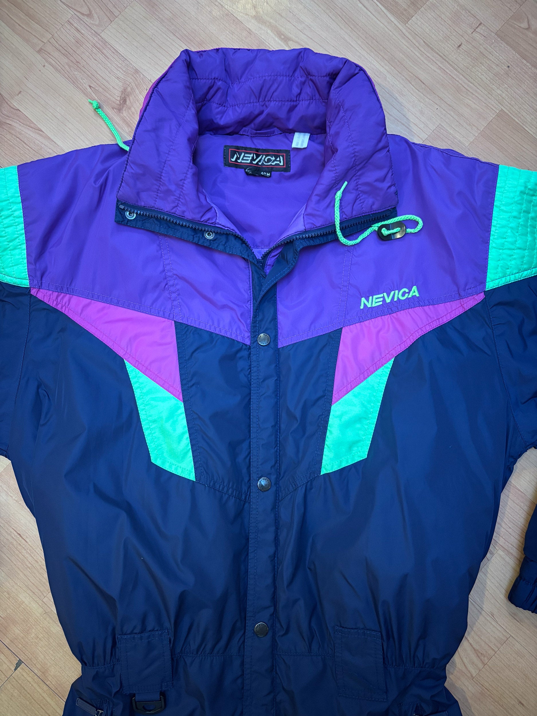 Vintage retro skipak - Donkerblauw, paars, neon groen maat M