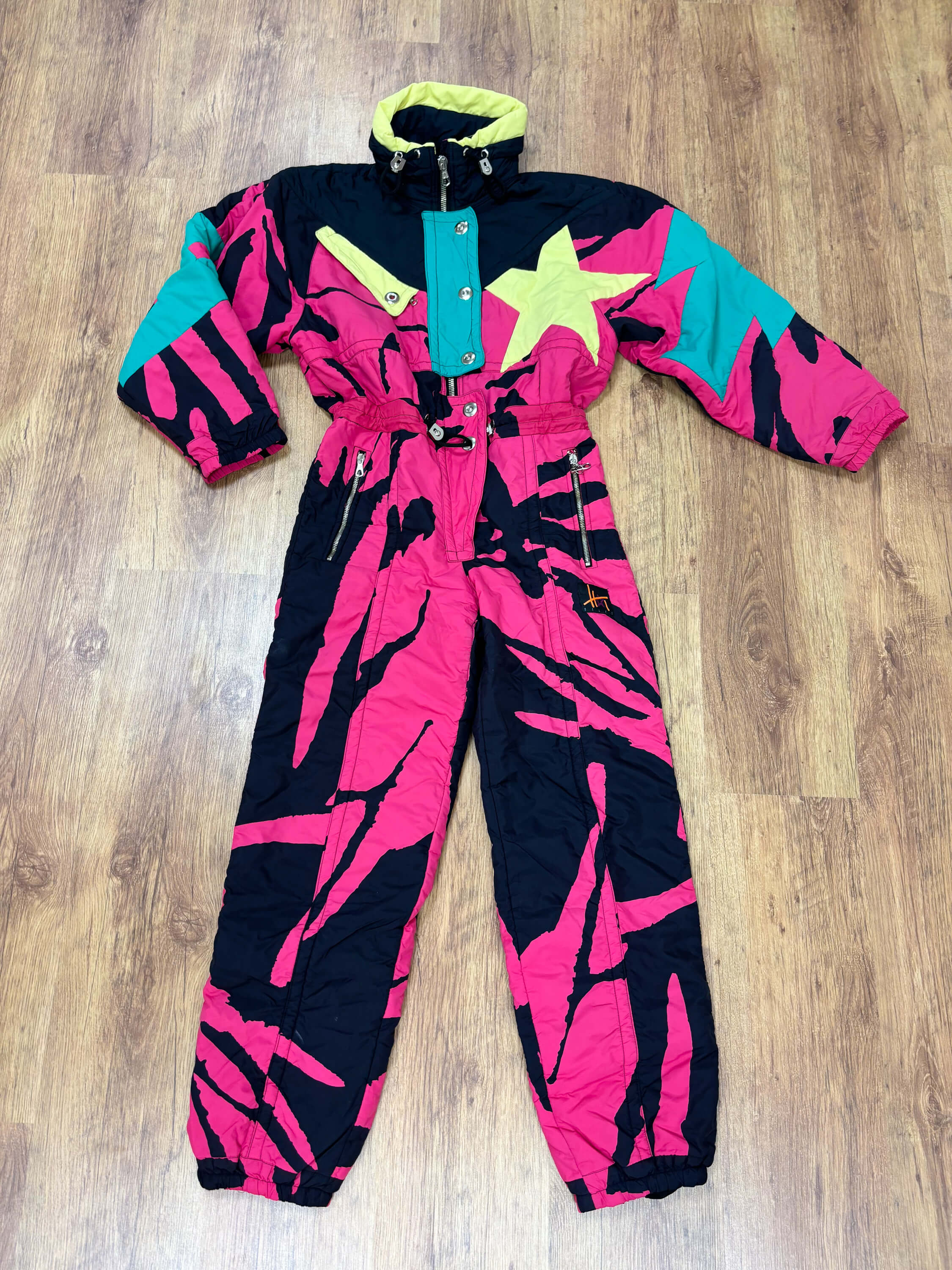 Vintage retro skipak - roze, zwart, groen, geel met ster maat M