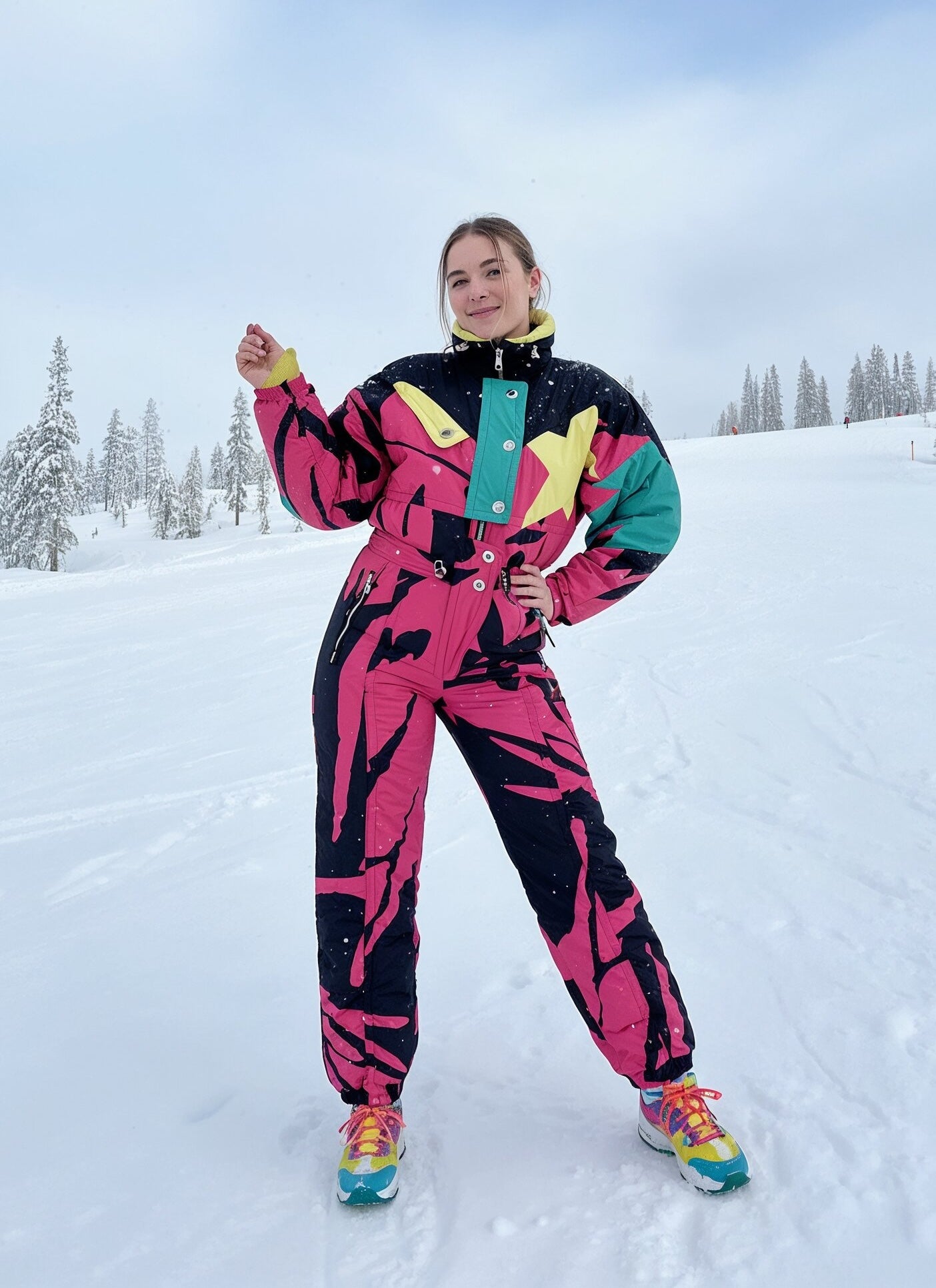 Vintage retro skipak - roze, zwart, groen, geel met ster maat M